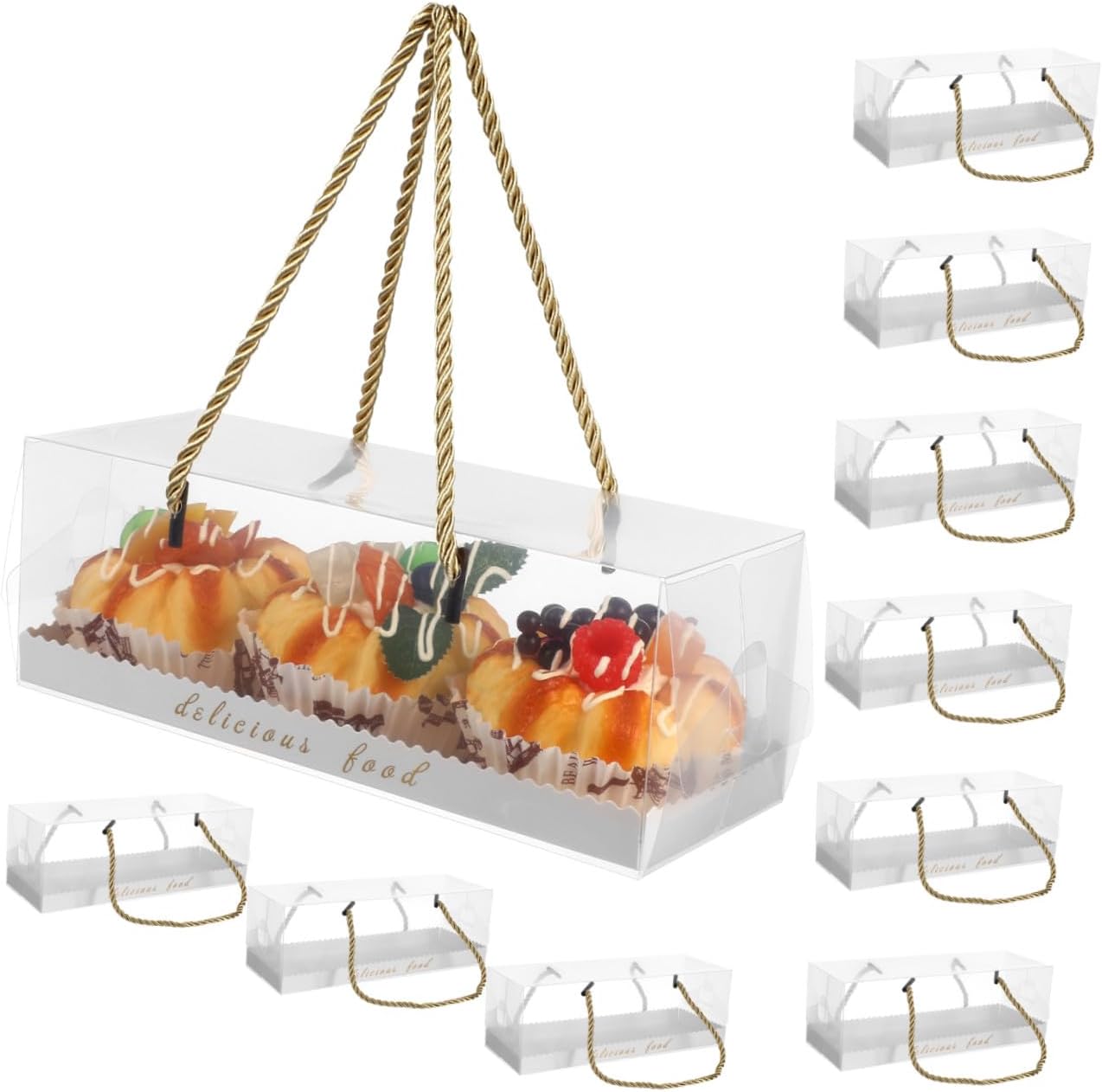 10pcs Plastic Oblong Cake Cases 22.5x7.8x7.8cm Food-grade Baking Containers with Ribbon Handle for Dessert Packaging and Cake Wrapping