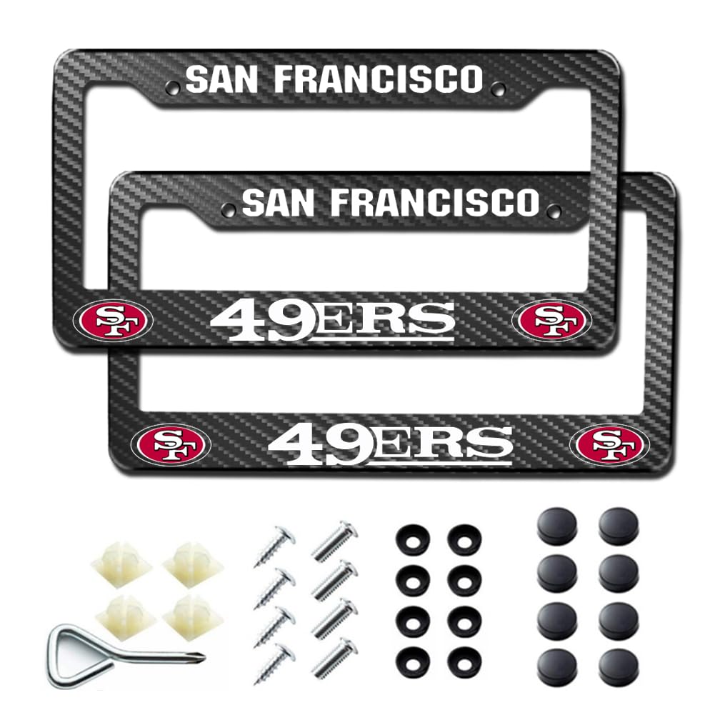 2Pack Carbon Fiber License Plate Frames for 49ers, Black Aluminum Front & Rear Car Tag Holder Cover, Heavy Duty License Plate Bracket Car Accessories