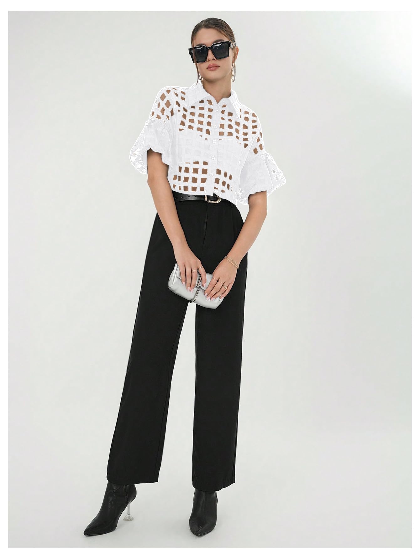 Floerns Damen-Bluse mit Knopfleiste, durchsichtig, Netzstoff, kurze Ärmel, Kragen, bauchfrei