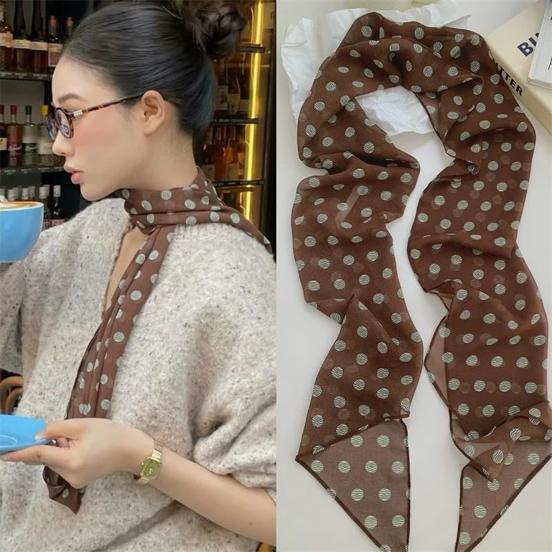 Brown Polka Dot Chiffon Scarf – Lightweight Sheer Neck Wrap, Vintage Head Scarf, Soft Silky Feel for Spring & Summer2