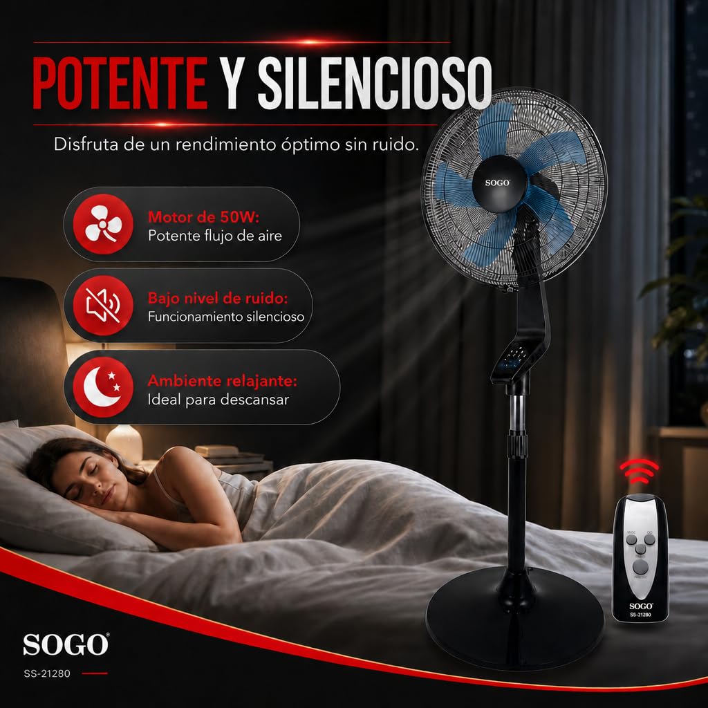 SOGO Ventilador de Pie Silencioso con Mando a Distancia y Temporizador 7,5H - Ventilador de Pie 40 cm Oscilante con 3 Velocidades - Altura Ajustable 120-145 cm y 5 Aspas 50W Negro (SS-21280)