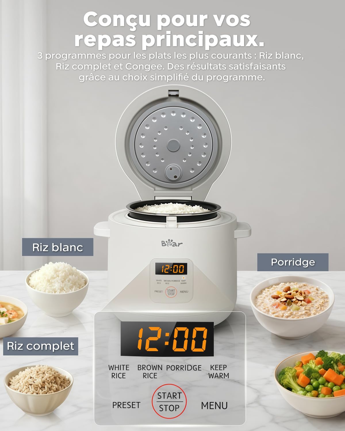 Bear Cuiseur à riz 2 tasses non cuit, multifonction, 300 W, avec fonction de maintien au chaud, fonction préréglée, mini cuiseur électrique, blanc