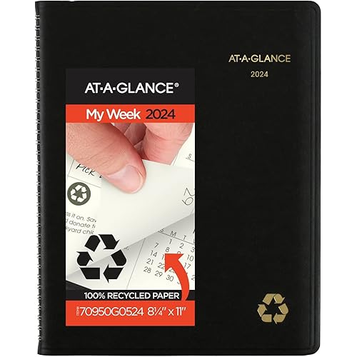 AT-A-GLANCE 2024 Weekly & Monthly Planner, Quarter-Hourly Appointment Book, 8-1/4" x 11", Large, Recycled, Black (70950G0524)