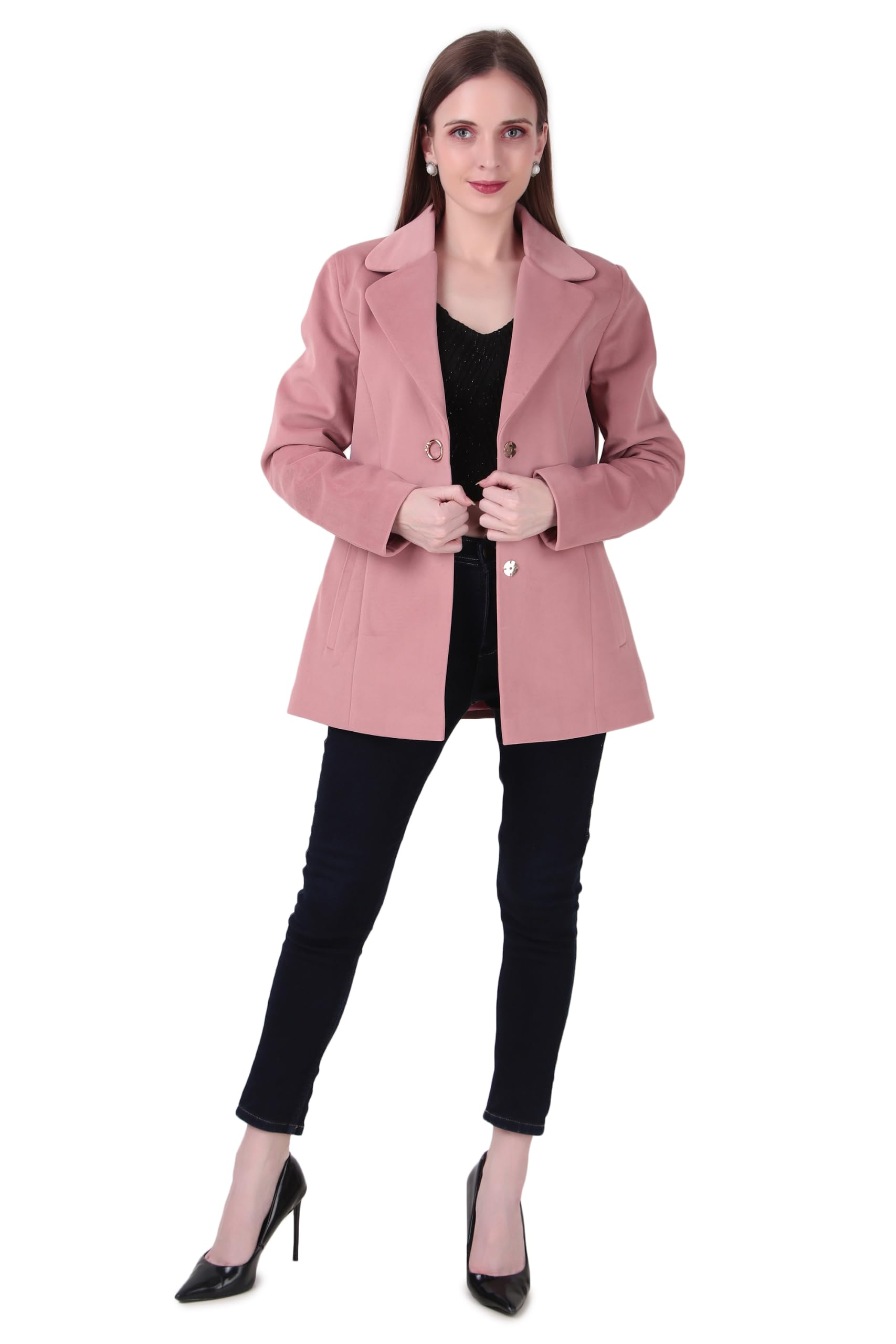 Women's Classic Lapel Pea Coat | Double-Breasted Winter Jacket for Women | Slim Fit Mid-Length Trench Overcoat with Pockets | Dusty Pink-image-22