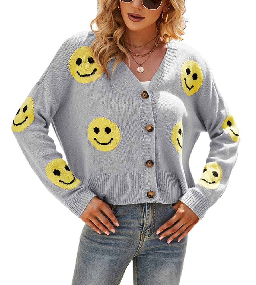 chouyatou Women's Loose-Fit Smile Face Jacquard Knitted