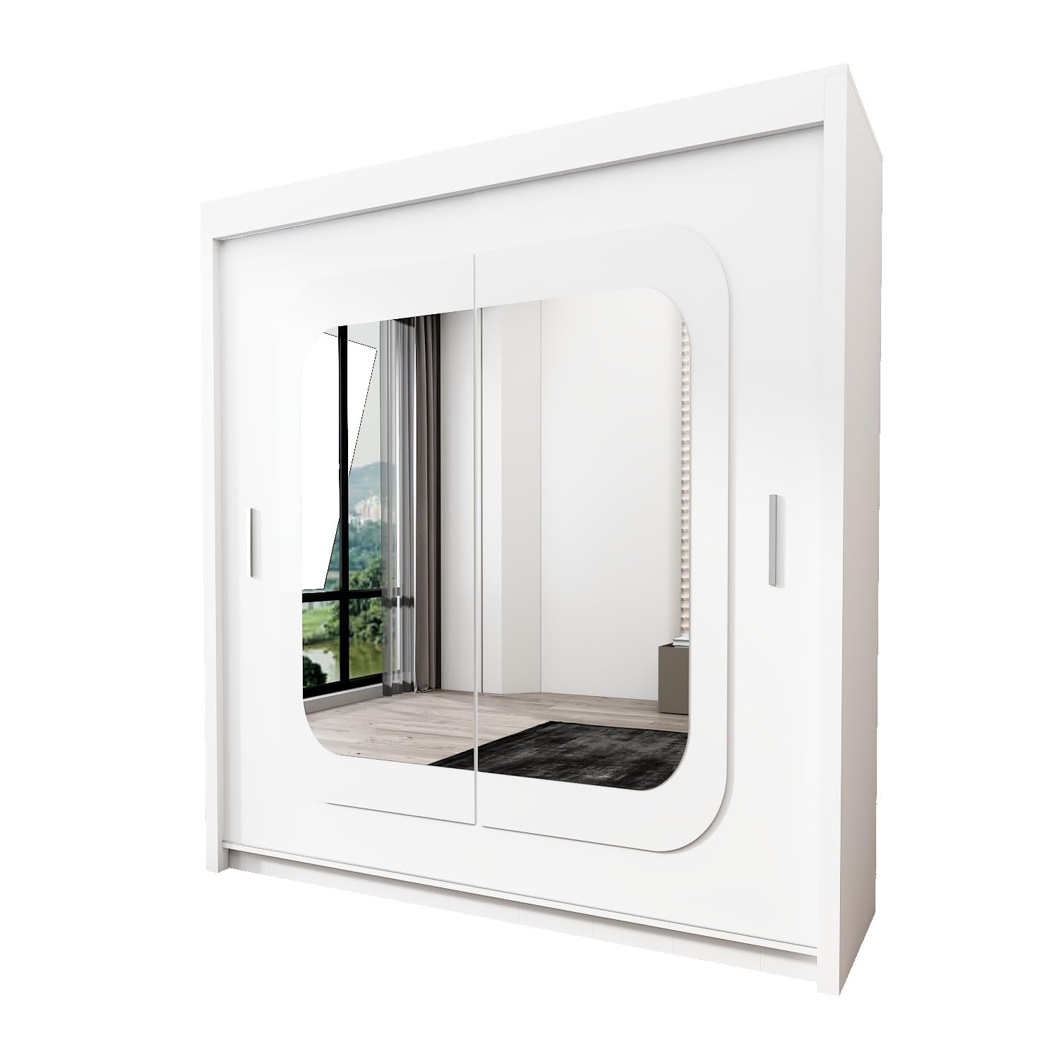 INTERWOOD Double Mirror Sliding Doors Wardrobe, featuring double sliding Doors, Hanging Rails & Adjustable Shelves, offers Space Saving solutions for Bedroom furniture in Matt finish 203 cm (white)