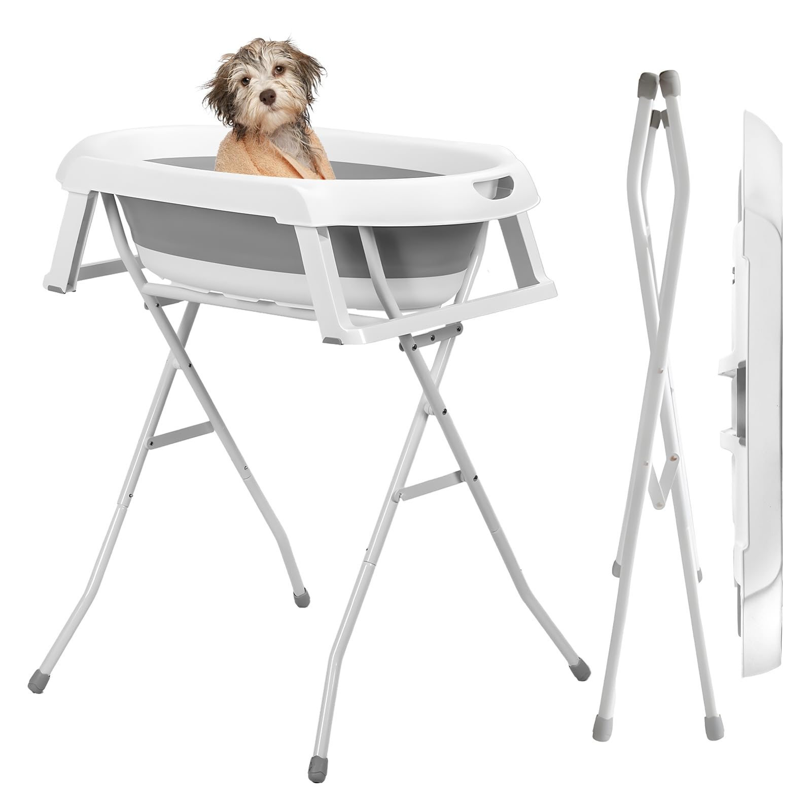 Estación de baño elevada plegable para mascotas, bañera elevada portátil para perros y gatos pequeños con manguera de drenaje y estante de almacenamiento, bañera de plástico de tamaño