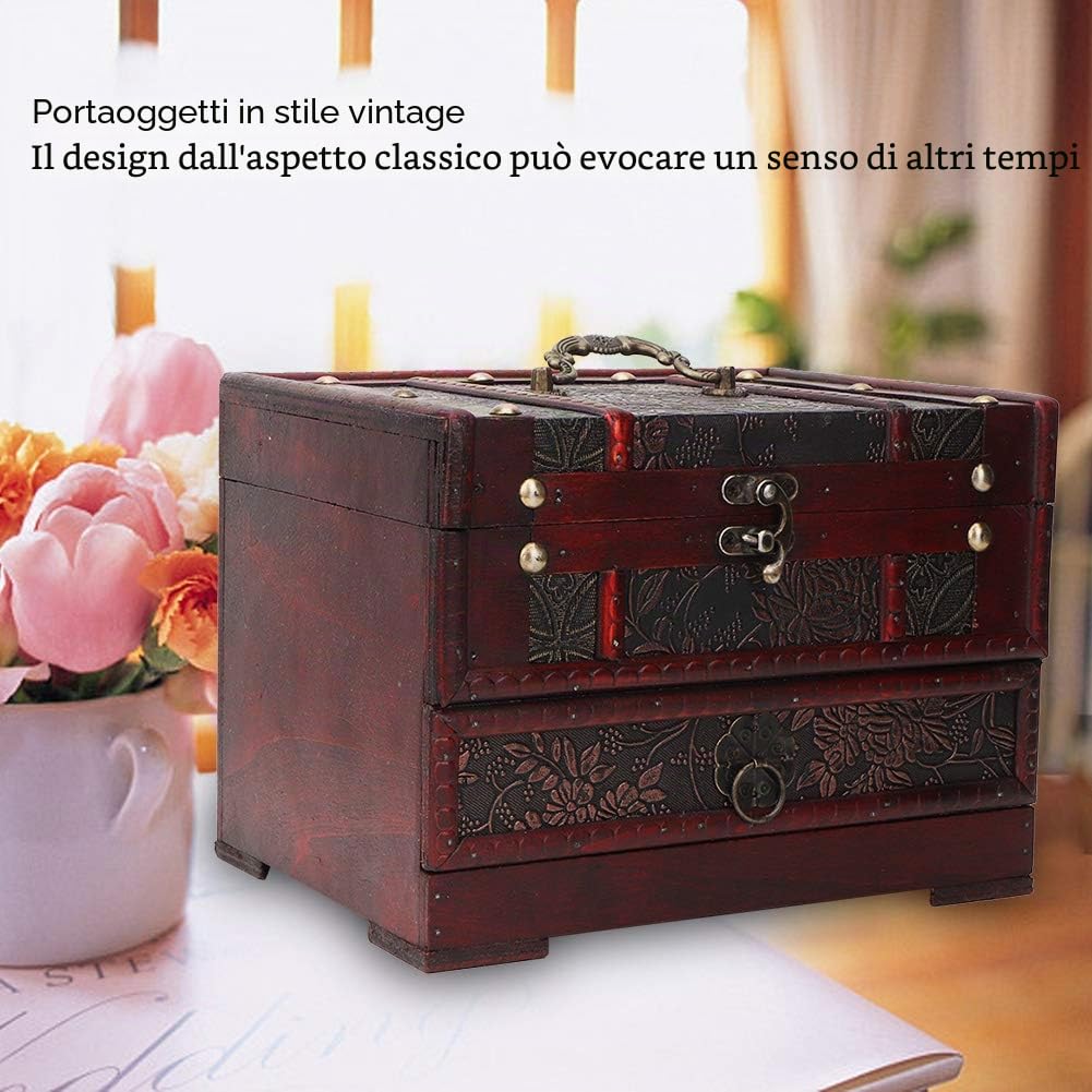 Portagioie in Legno, Doppio Strato Portagioie Vintage Scatola di Gioielli Set con Specchio per Regalo per Ragazze e Donne
