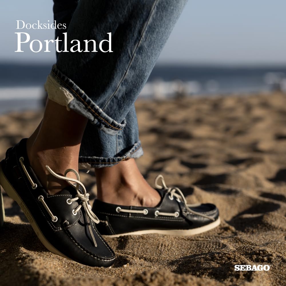 Sebago Portland Chaussures bateau cirées – Mocassins en cuir ciré cousus à la main avec doublure en cuir et semelles extérieures en caoutchouc antidérapantes non marquantes, marron foncé