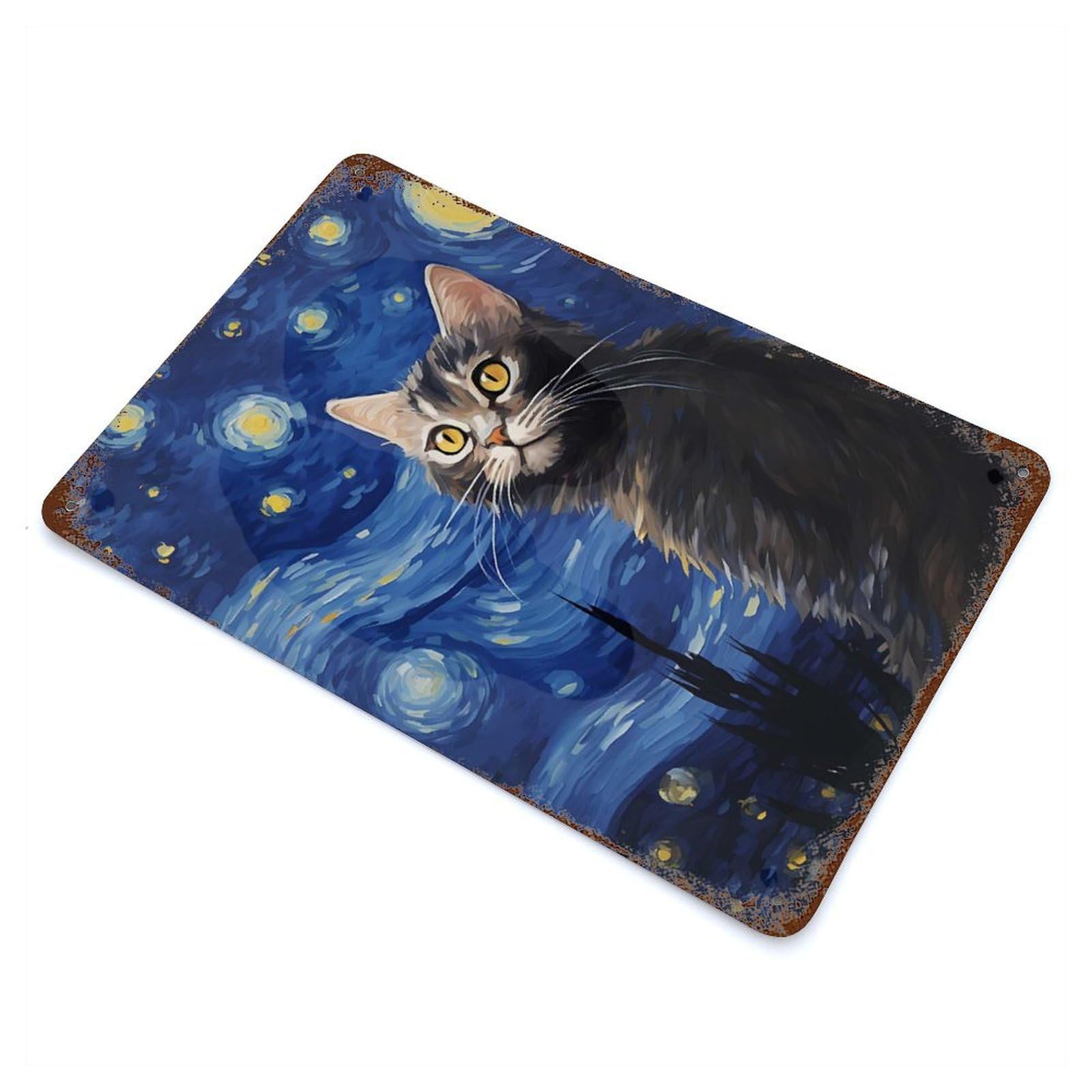 Rust Effect Cat in Starry Night Weathered Tin Sign 11.8"x7.9", Classic Wall Plaque for Living Room, Hallway And Home Decor