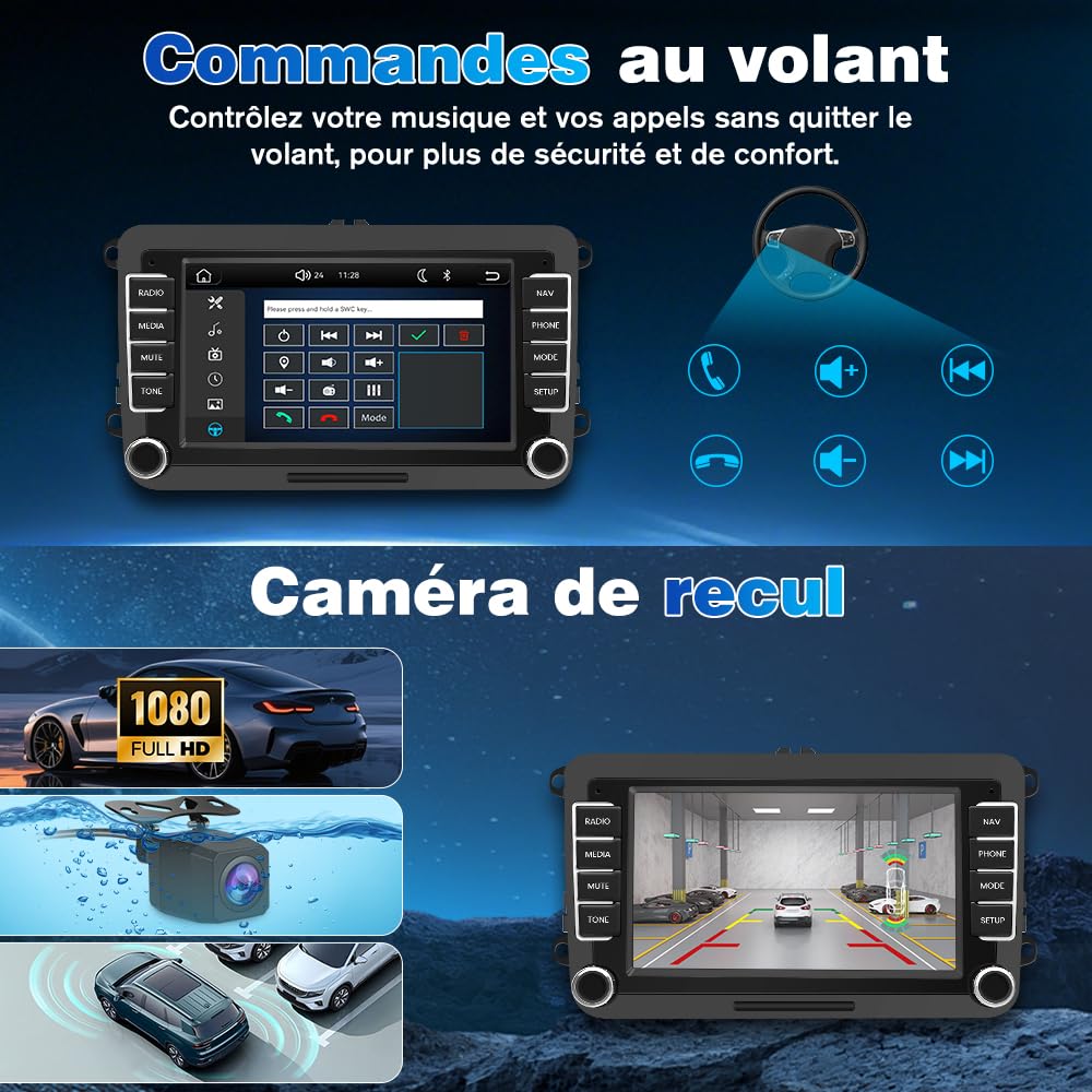 [3s Démarrage] Junsun Autoradio 7" Carplay pour VW Golf 5 6 Polo, CarPlay & Android Auto sans Fil, Bluetooth, FM Radio, DSP, 4x45W, Caméra Recul Dyn.