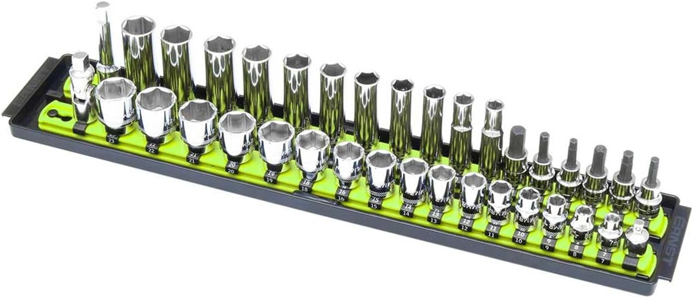 Ernst Manufacturing 19-Inch Socket Boss Premium 2-Rail, 3/8-Inch-Drive Socket Organizer, High-Visibility (8462HV) - Made in the USA