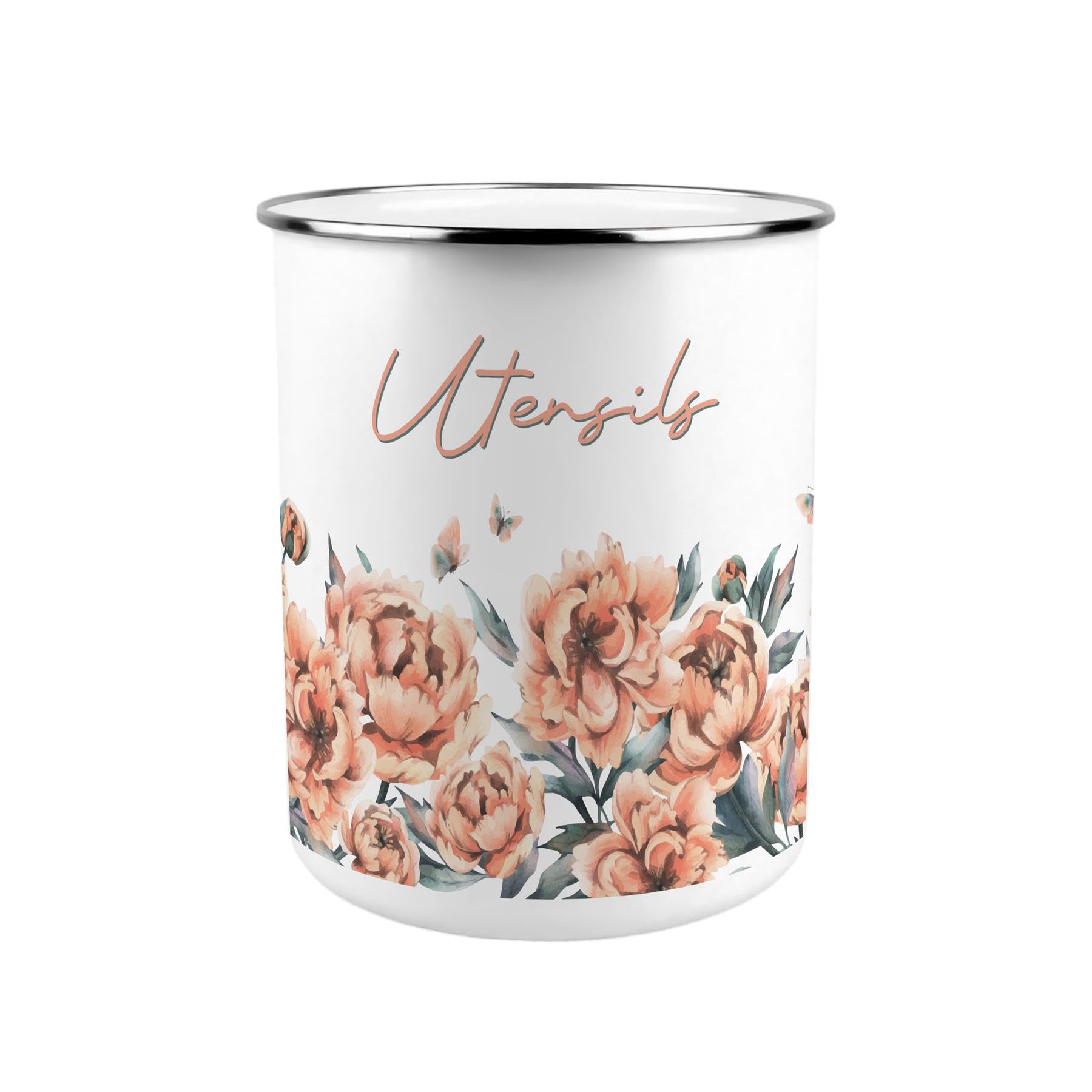 Purely Home Peach Peonies Metal Utensil Holder - XL Kitchen Utensil Pot/Organiser for Countertop Decor Gift 18x16.5cm