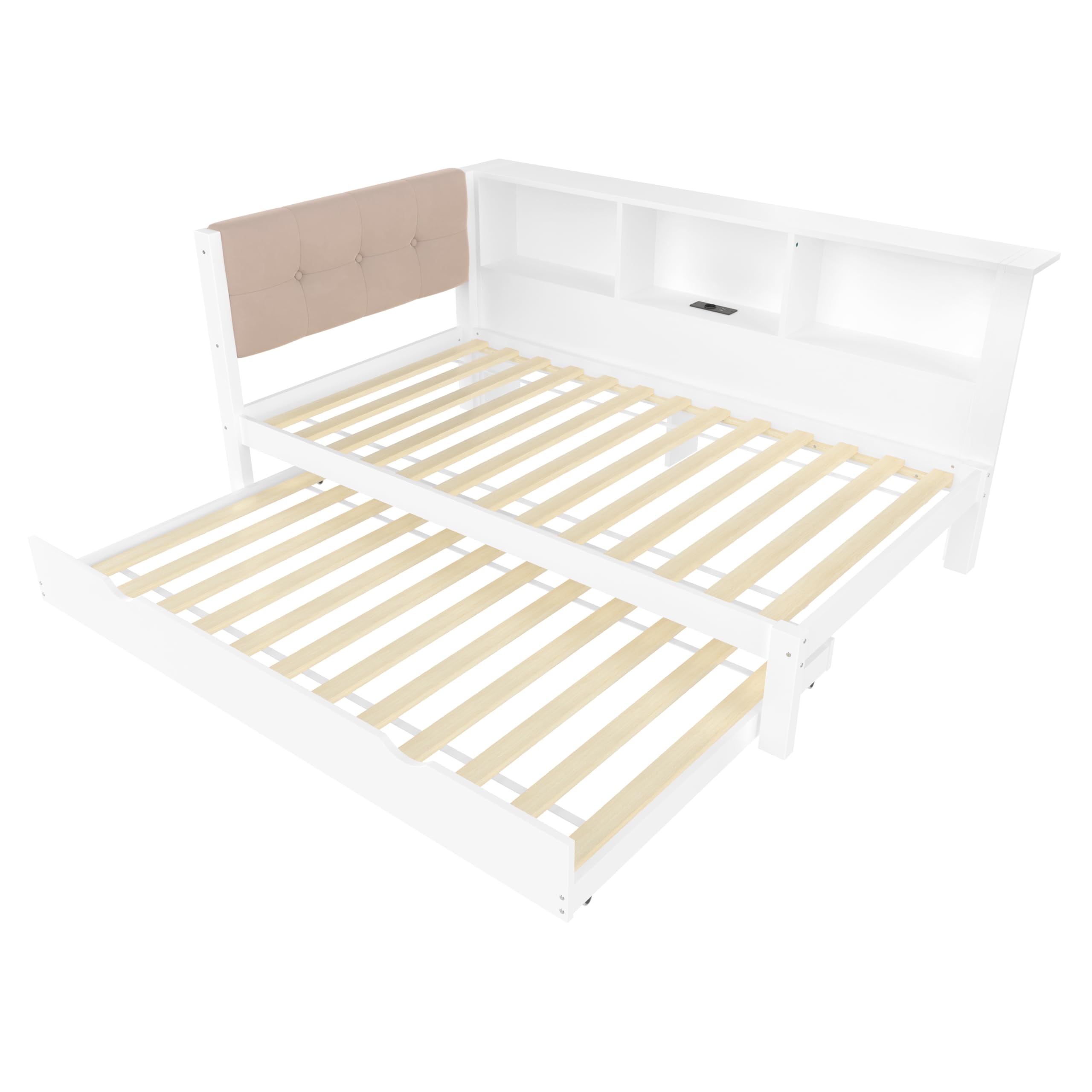 Cama infantil de 90 x 200 cm, con cama nido de 90 x 190 cm, con conector USB y tira LED, sofá cama con cabecero acolchado, estructura de madera, blanco, sin colchón (blanco, 90 x 200 cm)