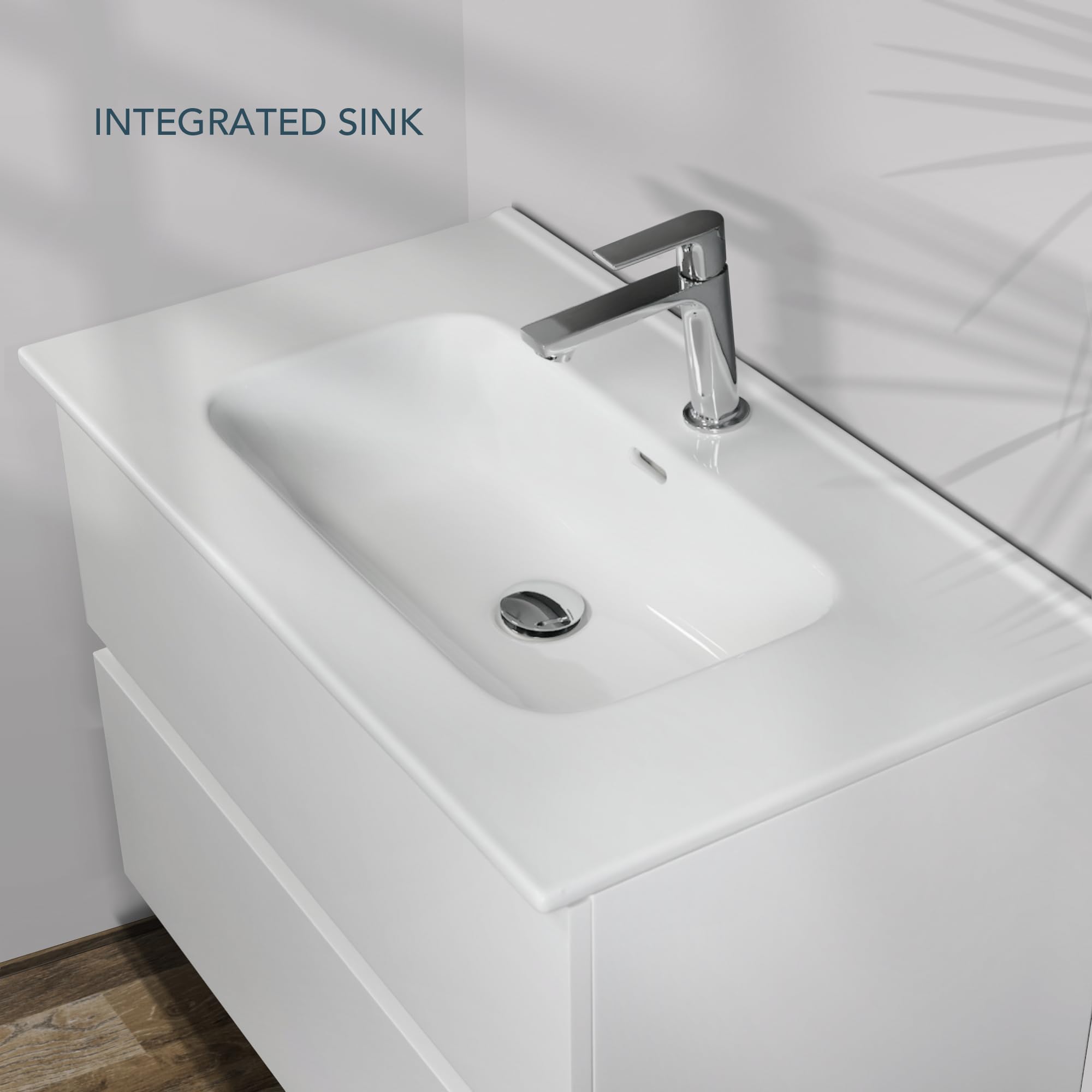 Mueble de Baño Lion 60 cm Blanco Brillo con Encimera Blanca Brillo, con Espejo Ovalado LED Antivaho, Lavabo, 2 Cajones Soft Close, Diseño Suspendido, Compacto para baños pequeños