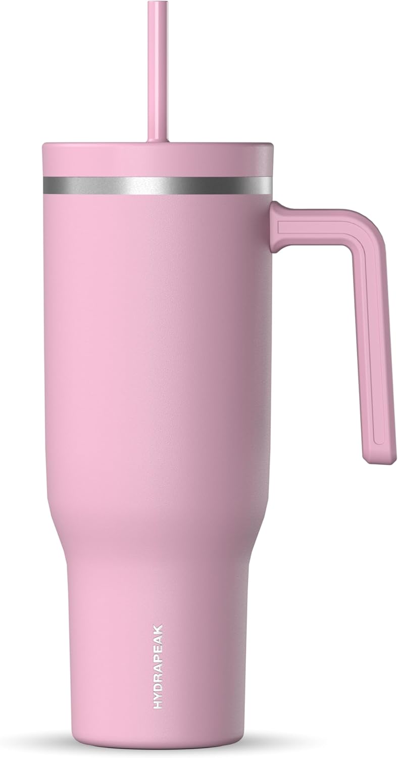 Hydrapeak Voyager 40 Oz Stainless Steel Tumbler with Handle, Insulated Water Bottle With Straw & Lid, Cupholder Friendly Reusable Travel Mug (Cotton Pink)