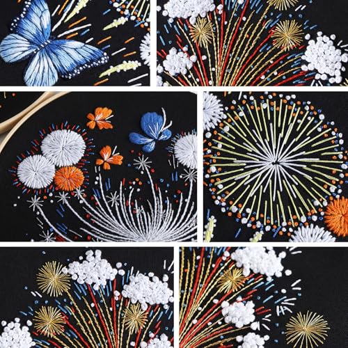 Image of FONNUY 3 Set Crewel Embroidery Kit for Beginners, Fireworks Blooming Pre-Stamped Pattern Kits for Adults with Hoop, Easy to Follow Needlework, 8''