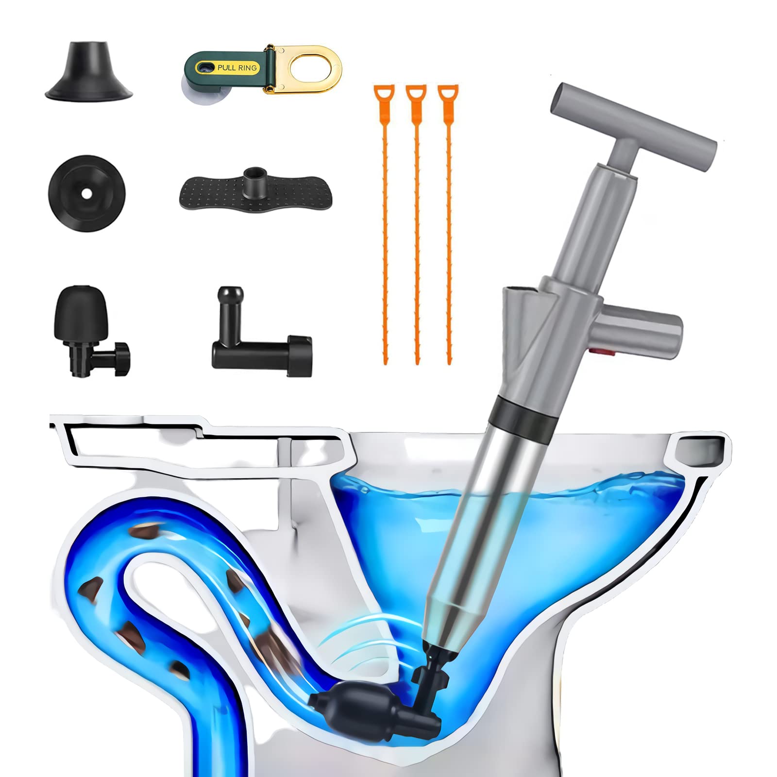 MooziesToilet Plunger, Plungers for bathroom, Plumbing tools, Snake drain clog remover, Stainless steel high pressure toilet dredge, Applied to Sink, Bathroom, Floor Drain, Clogged Pipe (Gray)