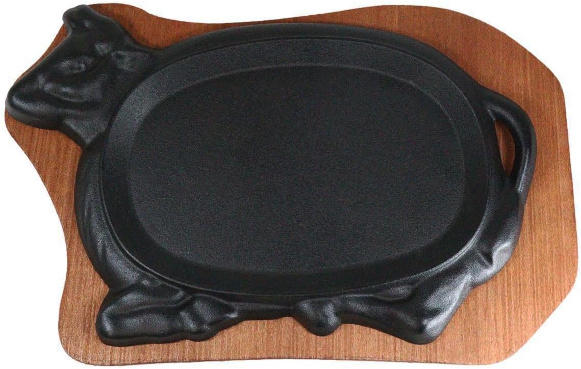 Ebros Gift Personal Size Cow Shaped Cast Iron Unseasoned Sizzling Fajita Pan Skillet Japanese Steak Plate With Wood Underliner Trivet Base Restaurant Home Kitchen