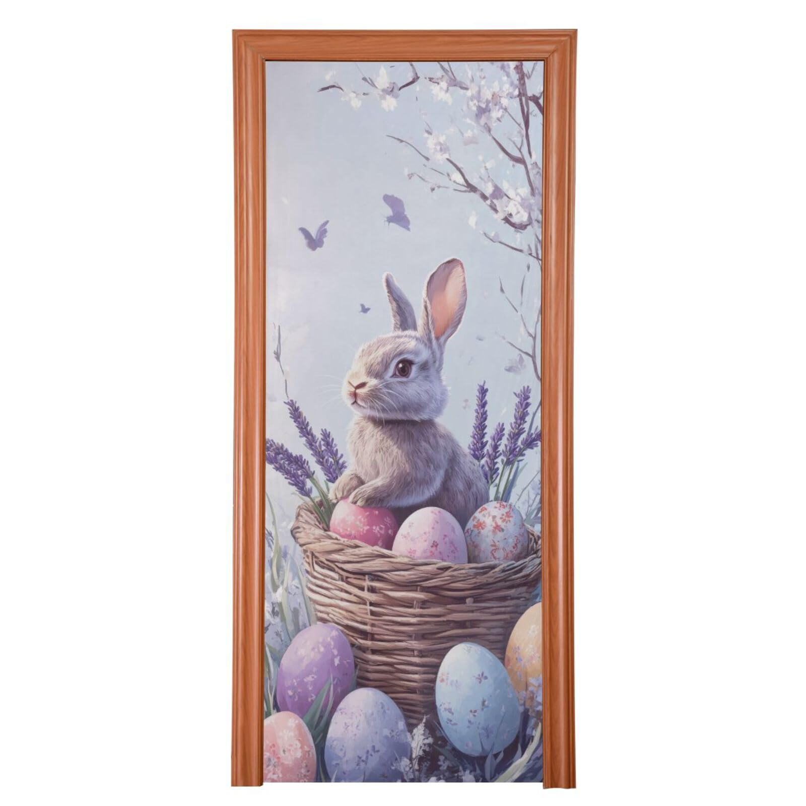 FLildon Lavender Bunny Easter Eggs Door Cover Decoration, Party Accessory Porch Decor for Festive Ornament Room Door Covers 32 x 79 Inch