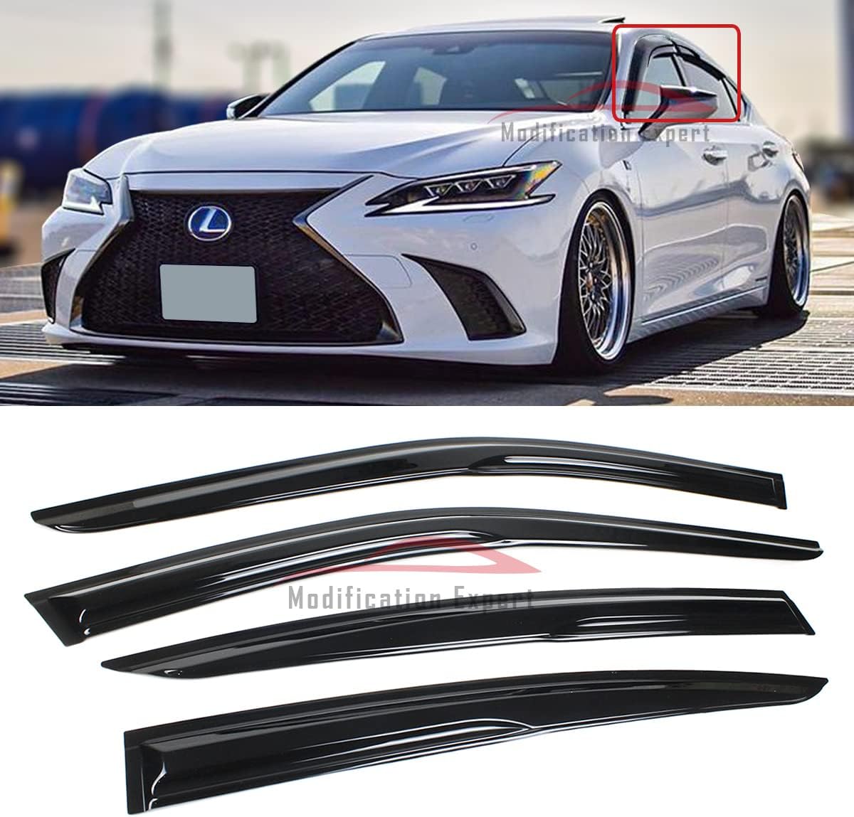 S.H. Fits for 2019-2022 Lexus ES300h ES350 ES250 F Sport JDM Wavy Mugen Style Window Visors Rain Guards Deflectors Black