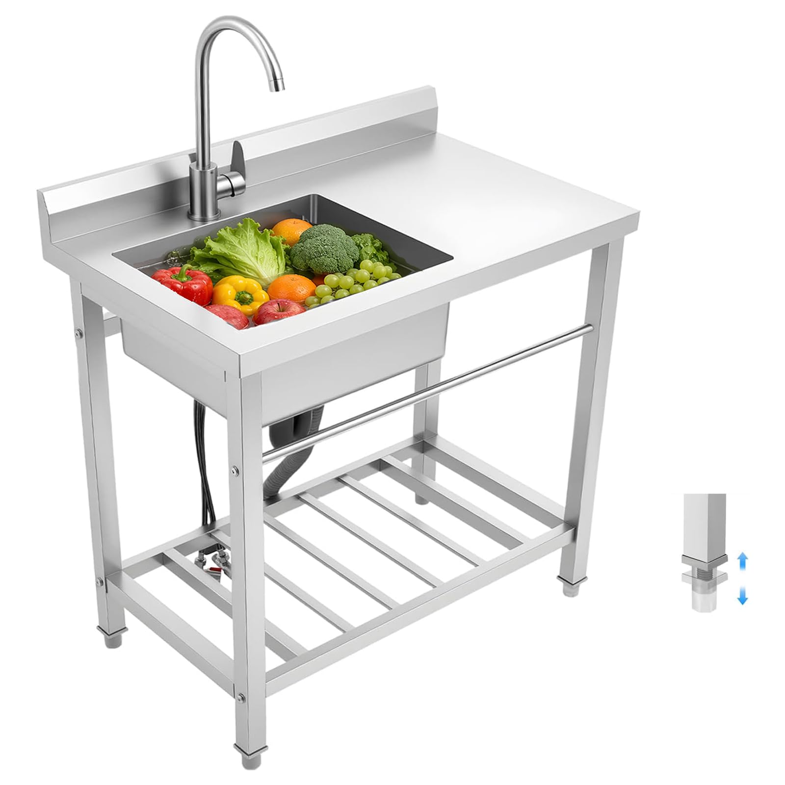 Fregadero de acero inoxidable con grifo de 360° y protección contra salpicaduras, 80 × 55 × 84 cm | Fregadero de cocina independiente/comercial con estante, desagüe y patas ajustables en altura para restaurante, lavandería