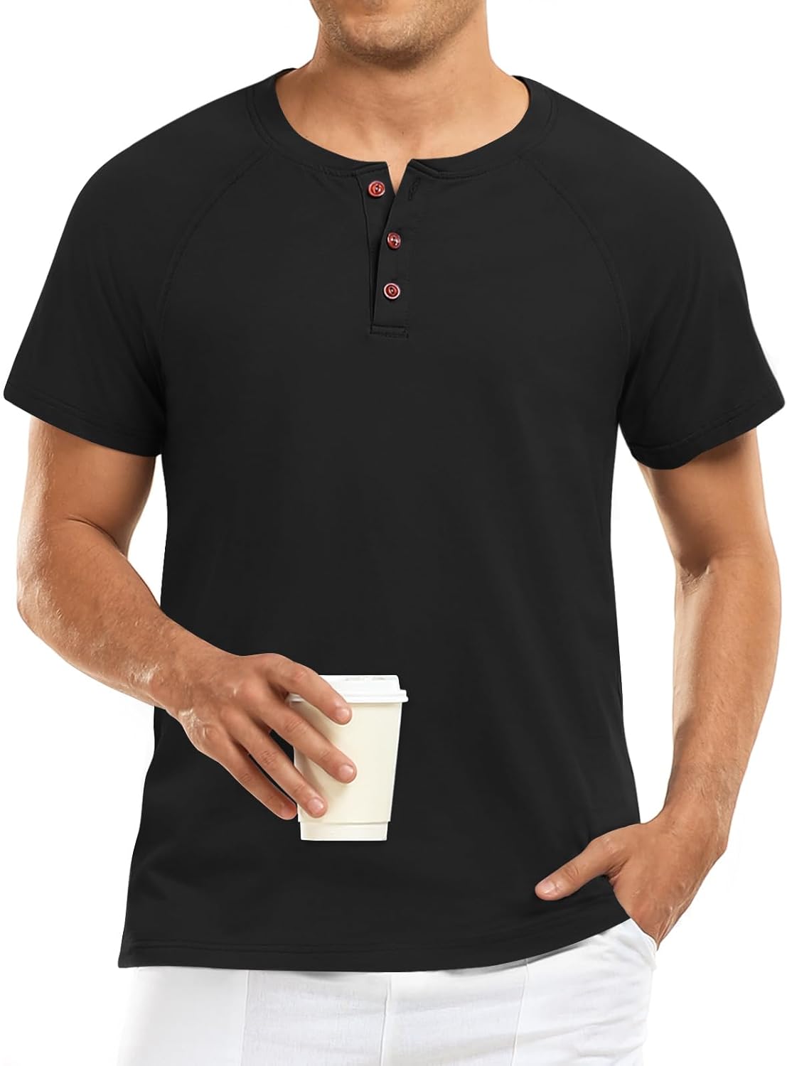 XUZHU Men's Summer Polo Shirts Short Sleeve Cotton Casual Henley T-Shirts Button Raglan Sleeve Tees X-Large Black image 2 of 6 B0D7PNYGCJ