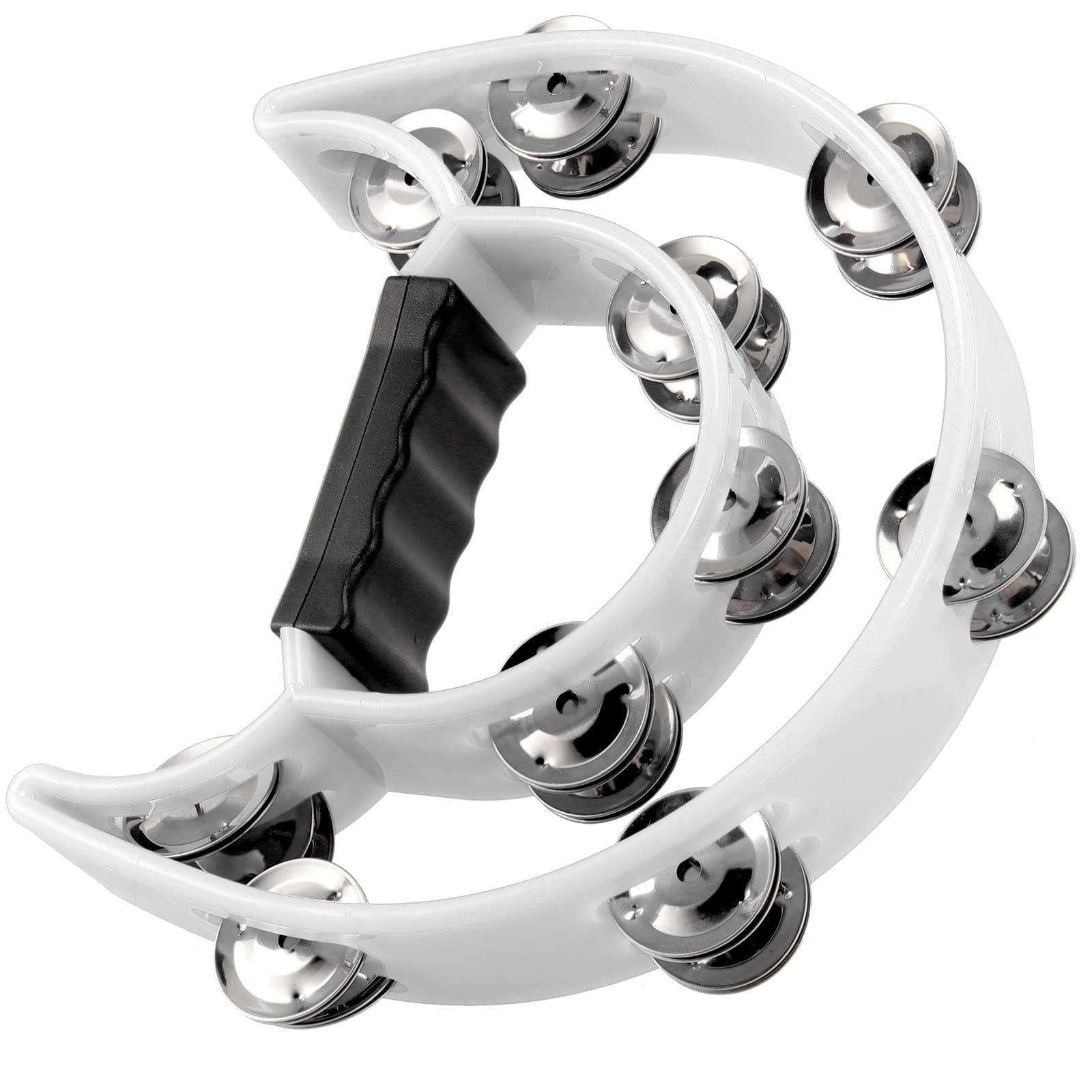 SINJEUN Paquete de 4 panderetas de doble fila de 10 pulgadas, percusión de mano de metal con mango ergonómico, pandereta musical de media luna de 4 colores para principiantes, iglesia, karaoke, fiesta