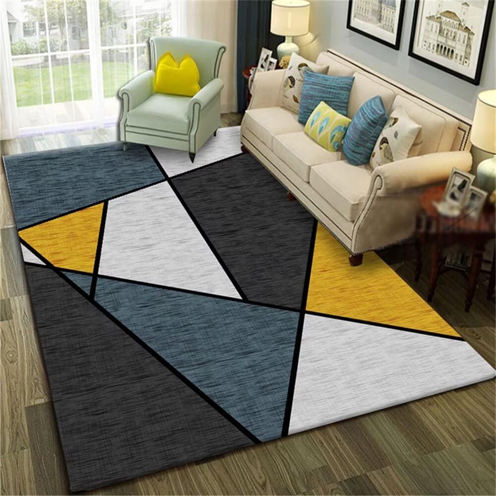 Tapis chambre garçon 100x150cm gris et jaune géométrique