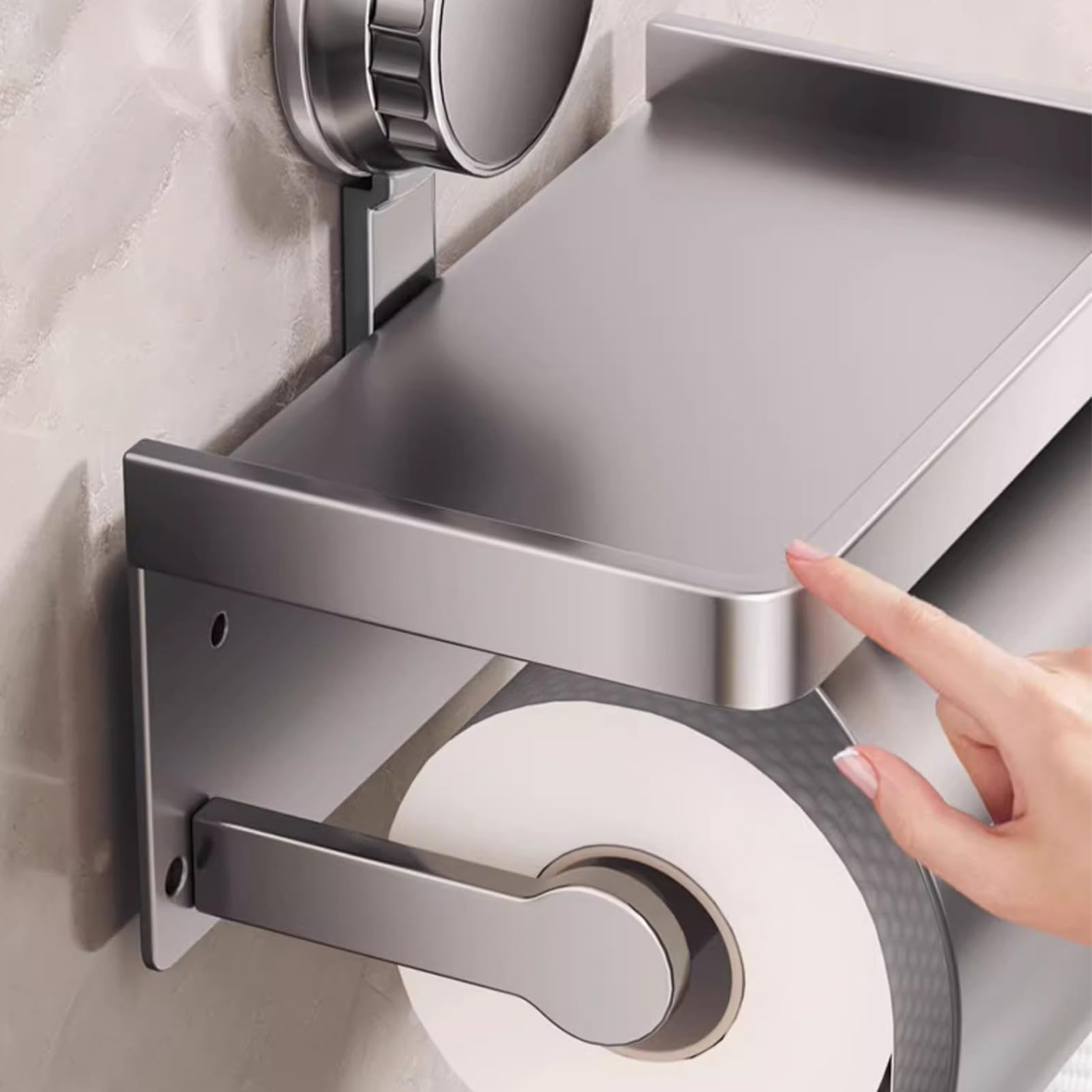 Porta carta igienica con ripiano, in acciaio inox, senza foratura, con ventosa, cromato lucido, grigio