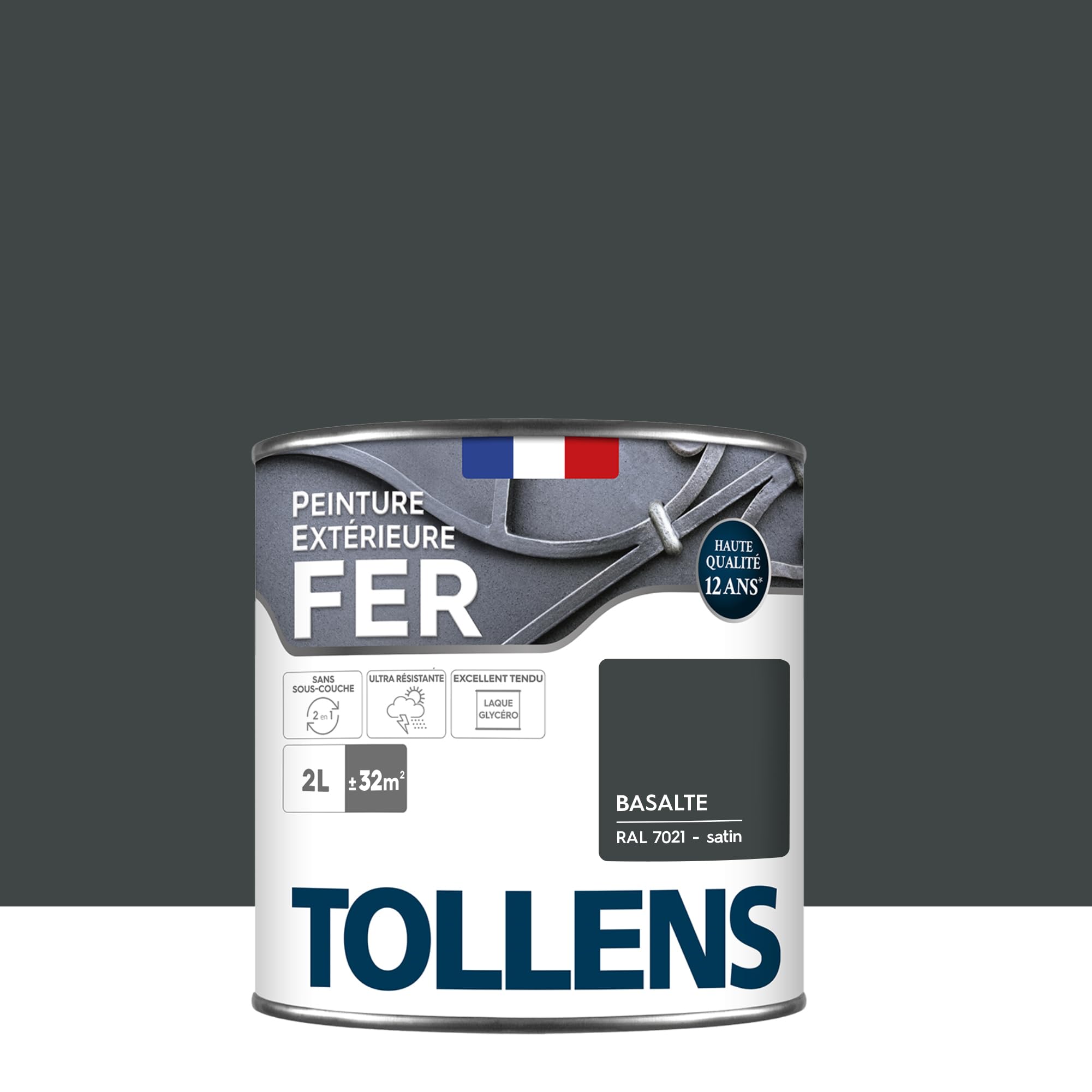 Tollens - Peinture extérieure fer 2 en 1 - Ultra Résistante - Protection antirouille - Laque Riche en Résine - Sans Sous-Couche - Entretien Facile - Brillant - Basalte RAL 7021-2L = 32m2