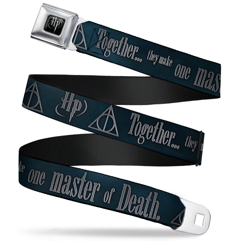 Buckle-Down Seatbelt Belt - HP/Deathly Hallows Symbol TOGETHER...THEY MAKE ONE MASTER OF DEATH. Blue Fade/Gray - 1.0