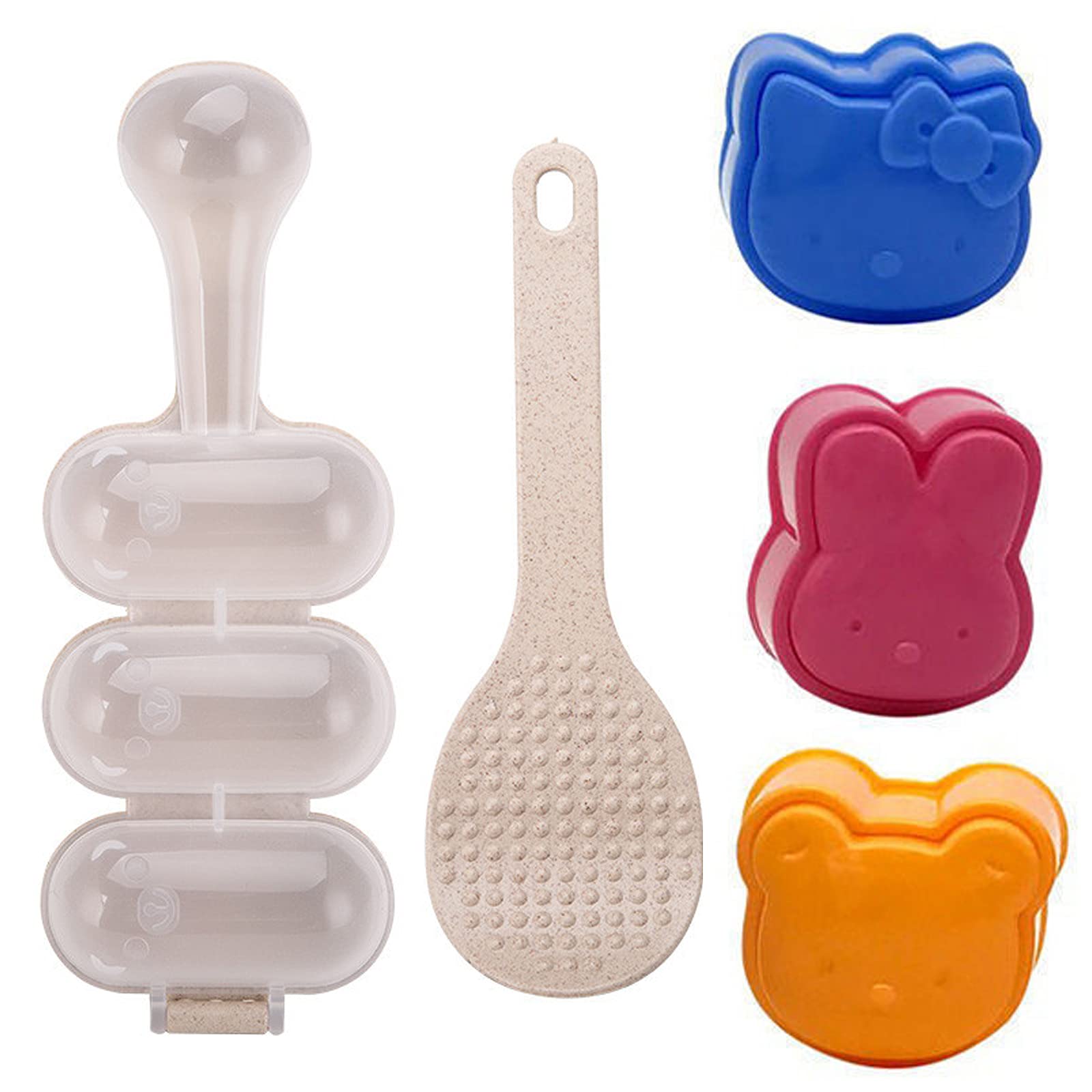 Sushi Shake Rice Ball Mold Sushi Maker Tool Set 1 Rice Ball Mold 3 Animal Rice Decorating Mold and 1 Piece Rice Paddle Home DIY Sushi Making kit (5pcs, Pink)