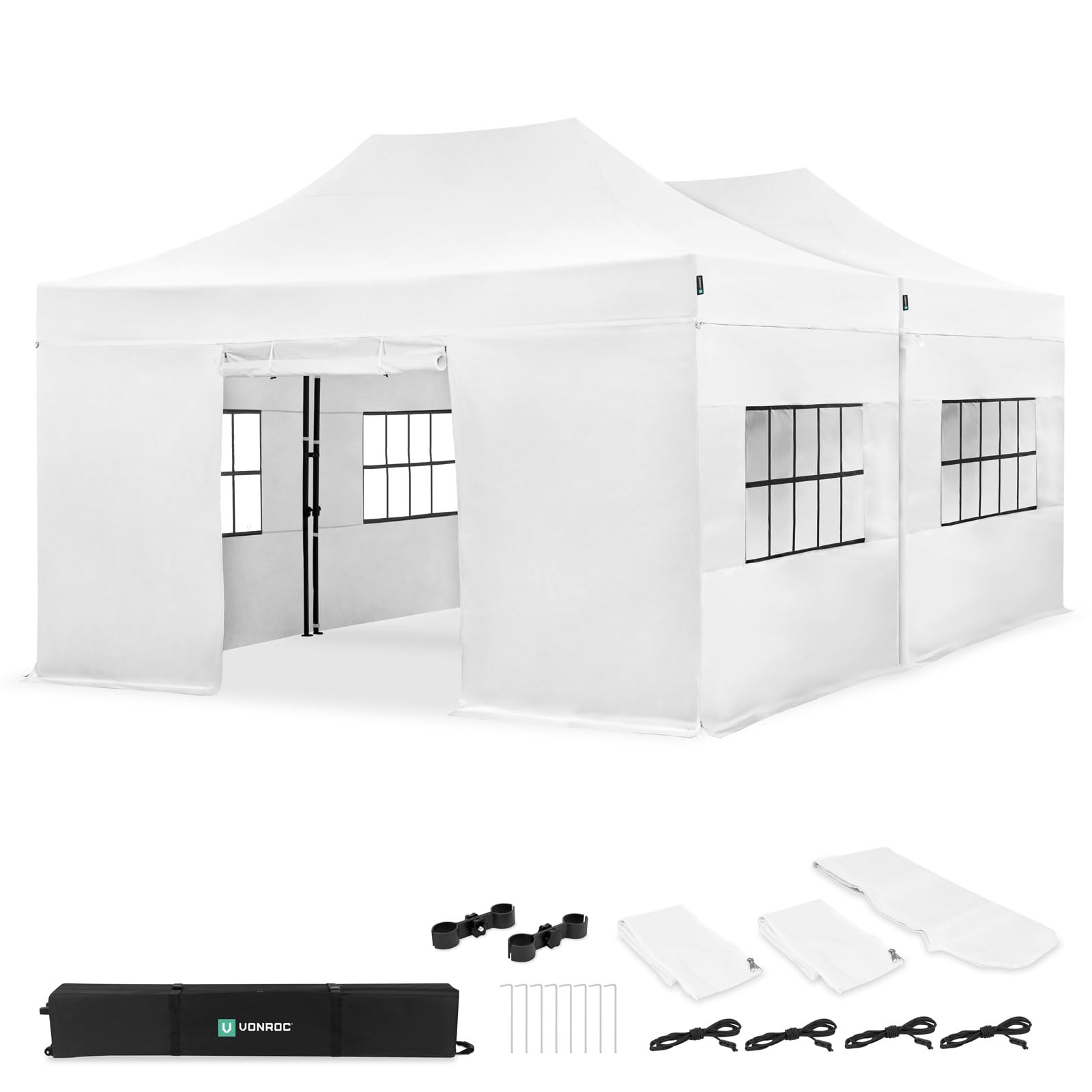 VONROC Gazebo da Giardino 6x4,5 m Easy‑Up – 2 Tende Party con 6 Pareti Laterali e Kit di Collegamento – Impermeabile 3000 PA, UV 50+, Struttura in Acciaio – Bianco