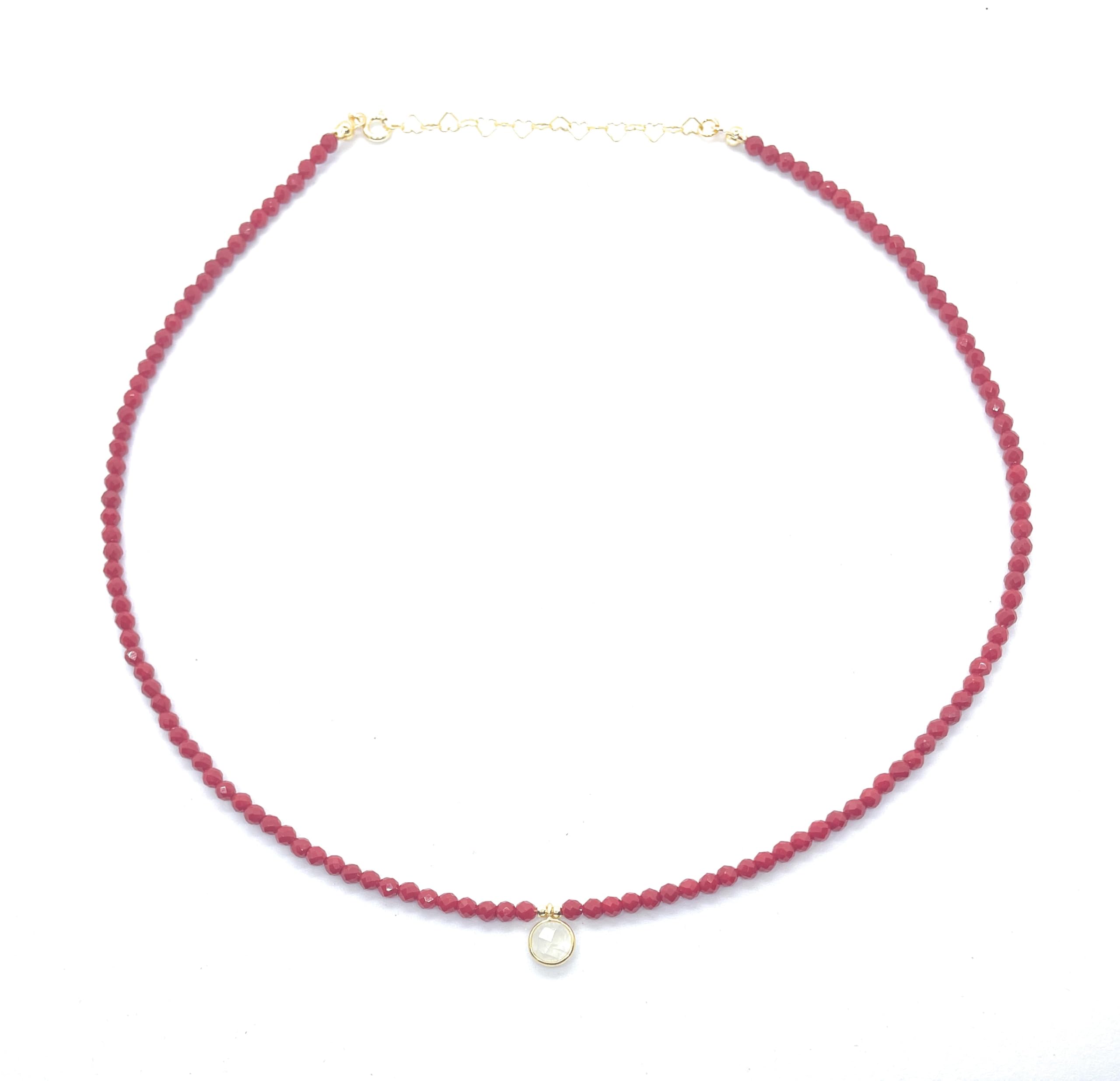 Collana di Corallo Naturale 3mm, Ciondolo in Pietra di Luna, Argento 925 Placcato, 40-45cm, Rosso