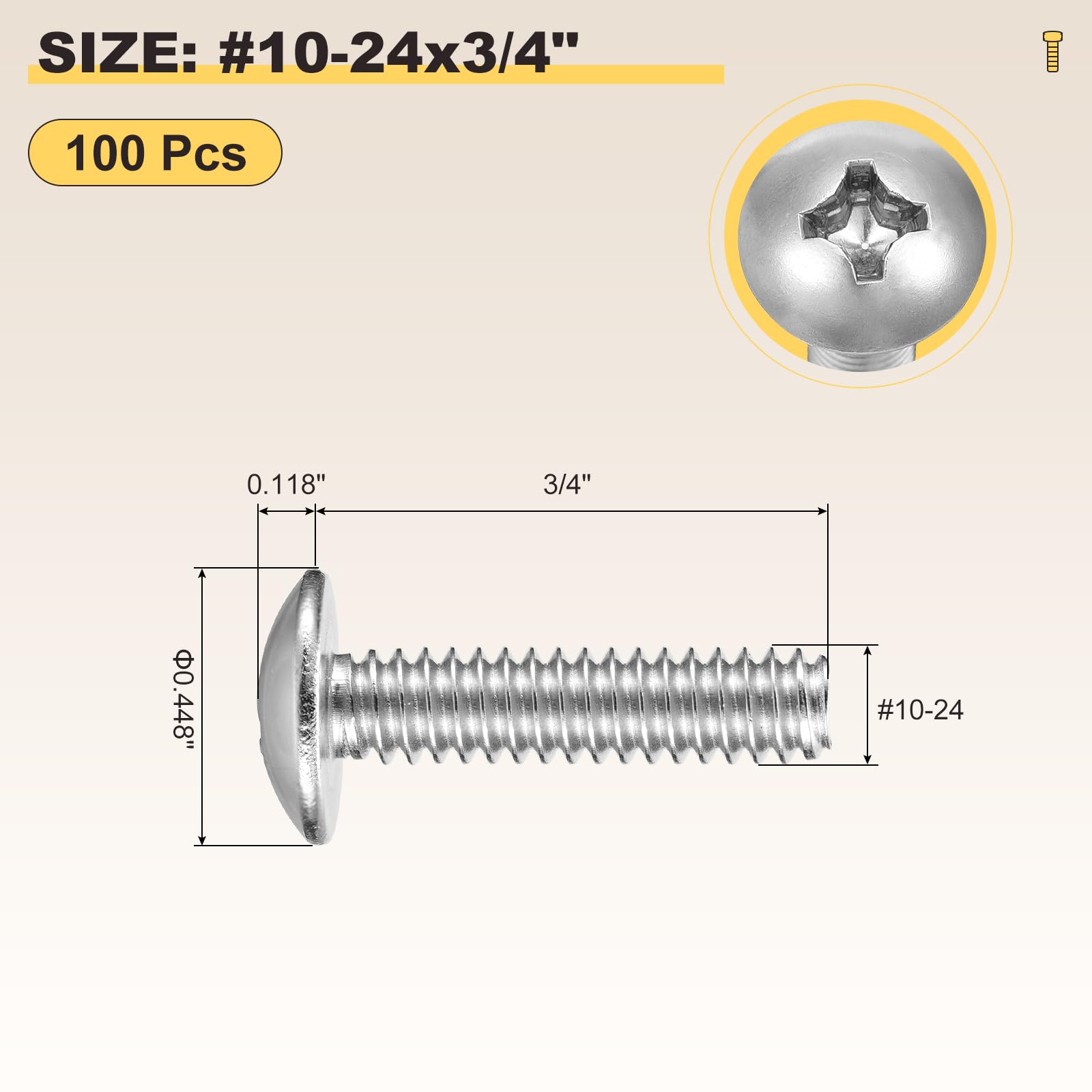 METALLIXITY Machine Screws Phillips Head(#10-24x3/4") 100Pcs, 304 Stainless Steel Round Head Phillips Drive Furniture Bolts - Image 2