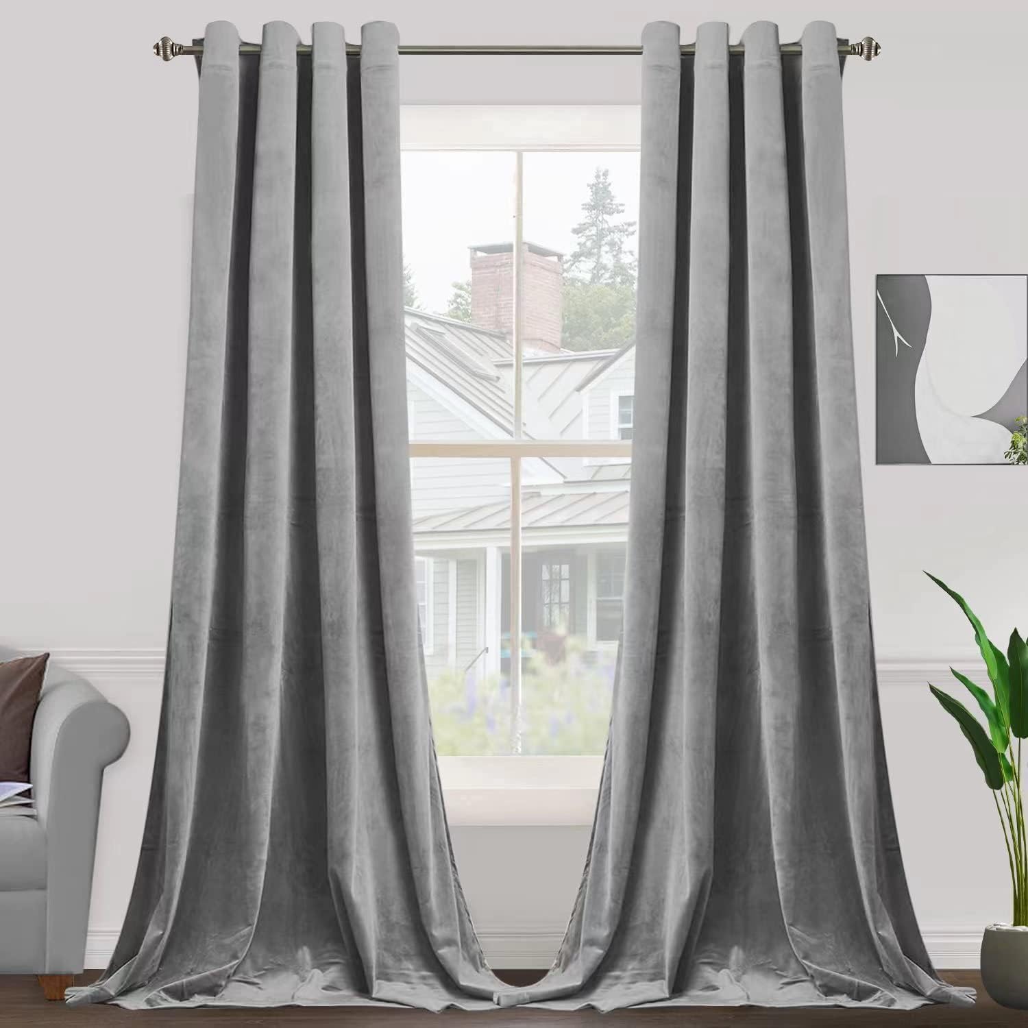 HANGEENGS Velvet Blackout Curtains For Bedroom,Super Soft Window Treatment Thermal Insulated Grommet Blackout Drape 2 Panels Soundproof Velvet Draperies,Light Grey,60x63 in(WxL)