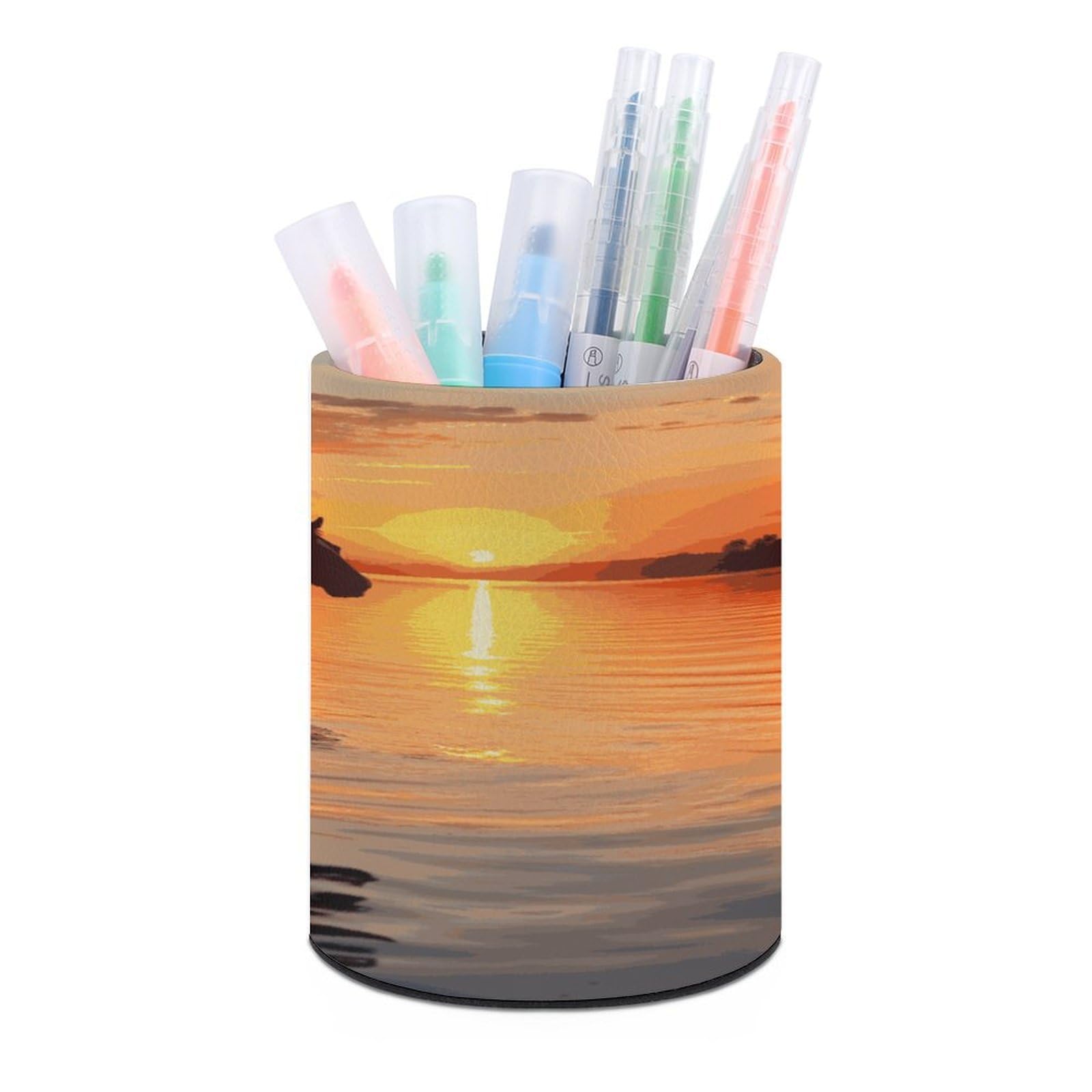 JTREHY Sunsets Lake Horses Pen Holder Round Pen Pencil Holder Makeup Brush Holders Cup PU Leather Pencil Cups Desktop Caddy Stationery Organizer Case Office Accessories Container Box