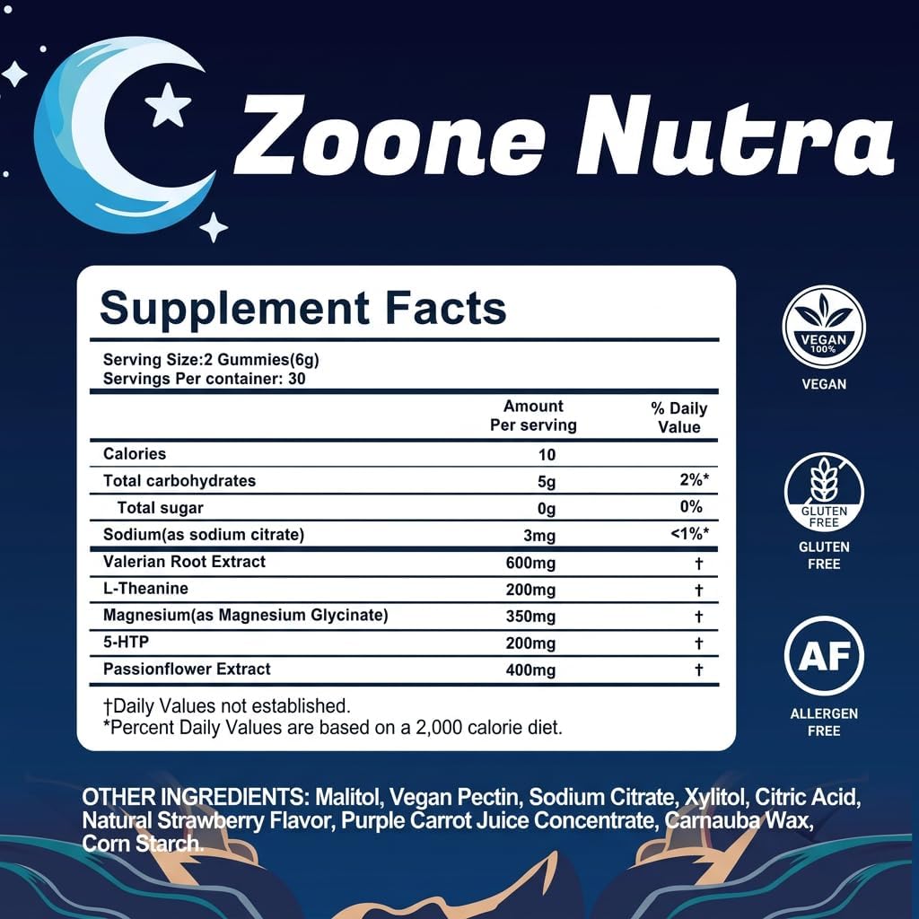 Sleep Gummies for Adults – Melatonin Free Gummies with 5-HTP, L-Theanine, Magnesium & Valerian Root – Vegan, Halal, Sugar & Gluten Free – Sweet Strawberry 60 Count