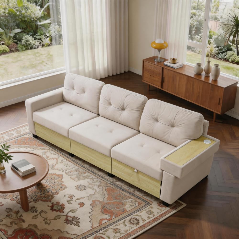 Sofá de salón, sofá esquinero modular de 3 plazas, sofá modular, sofá de 3 plazas, reposabrazos con mesa de madera, puerto USB y compartimento de almacenamiento, con espacio de almacenamiento