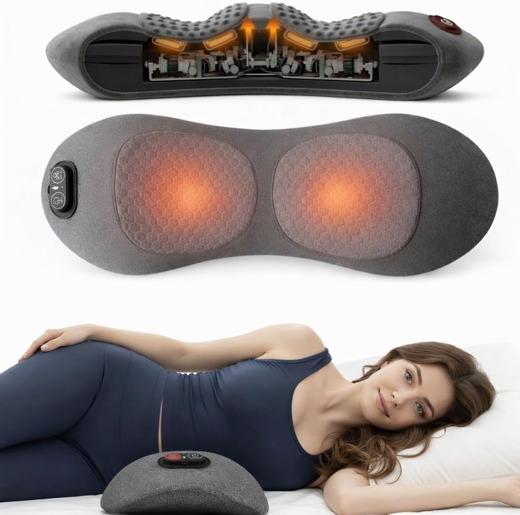 Rechargeable Back Massager with Heat, 3-in-1 Lumbar & Spine Support Massage Pillow with Traction Design, Cordless Portable Lower Back Relaxation Cushion for Home Office (Grey)