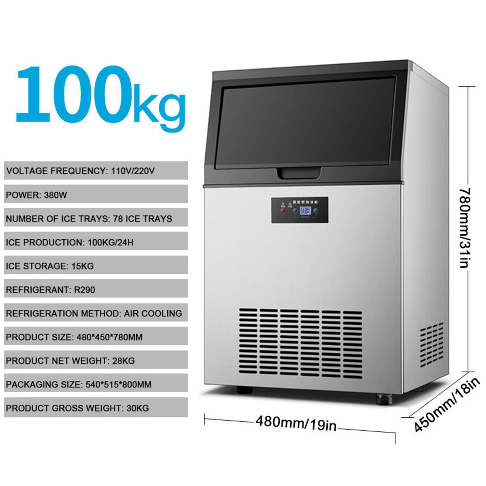 Máquina para Fabricar Hielo 100kg/24 H Almacenamiento 15Kg,45 Cubitos por Ciclo Acero Inoxidable,Independiente Y Encimera con Pantalla LED Y Autolimpieza,para Bar,Restaurante