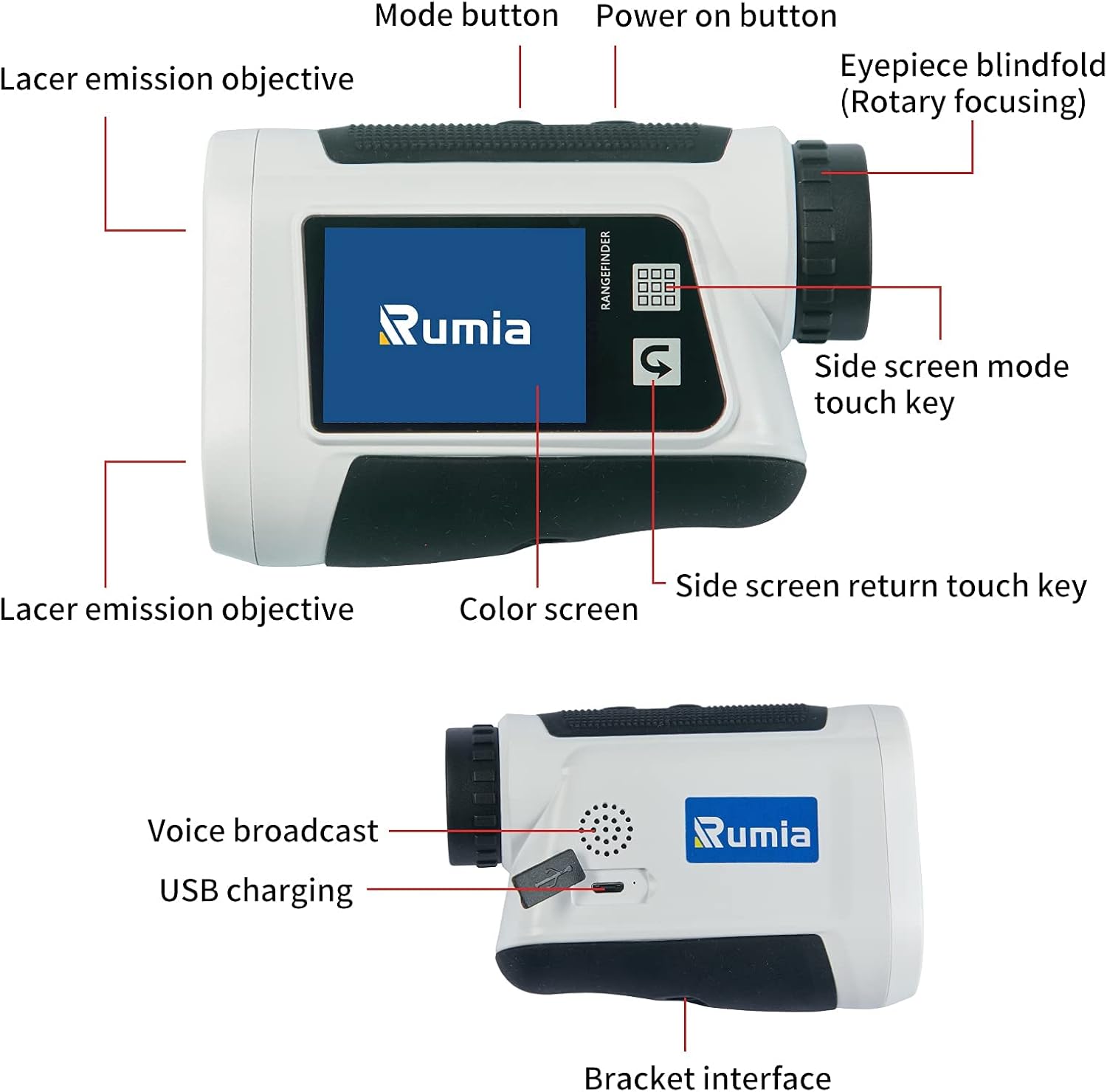 Golf Rangefinder 1200 Yards, Rumia Laser Golfing Range Finder with 6X Magnification, Laser Rangefinder with LCD Touch Screen, Rangefinder for Golfing or Hunting with Voice Feature and USB Charing