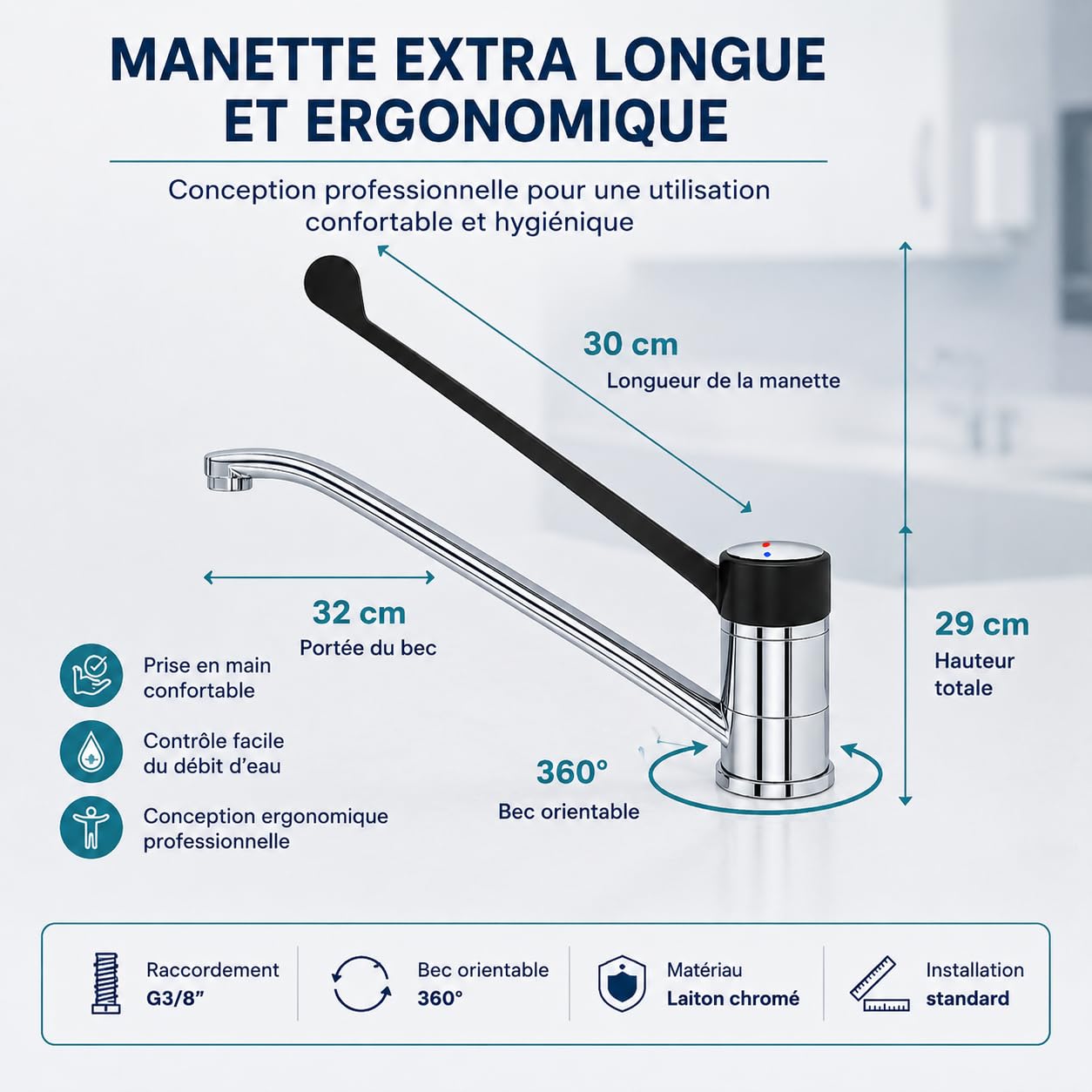 GOLDMAN SERVICE | Robinet coudé gérontologique monocommande, levier long 30 cm, bec 360°, robinet sanitaire et hygiénique pour hôpitaux, cliniques, laboratoires et cuisine professionnelle
