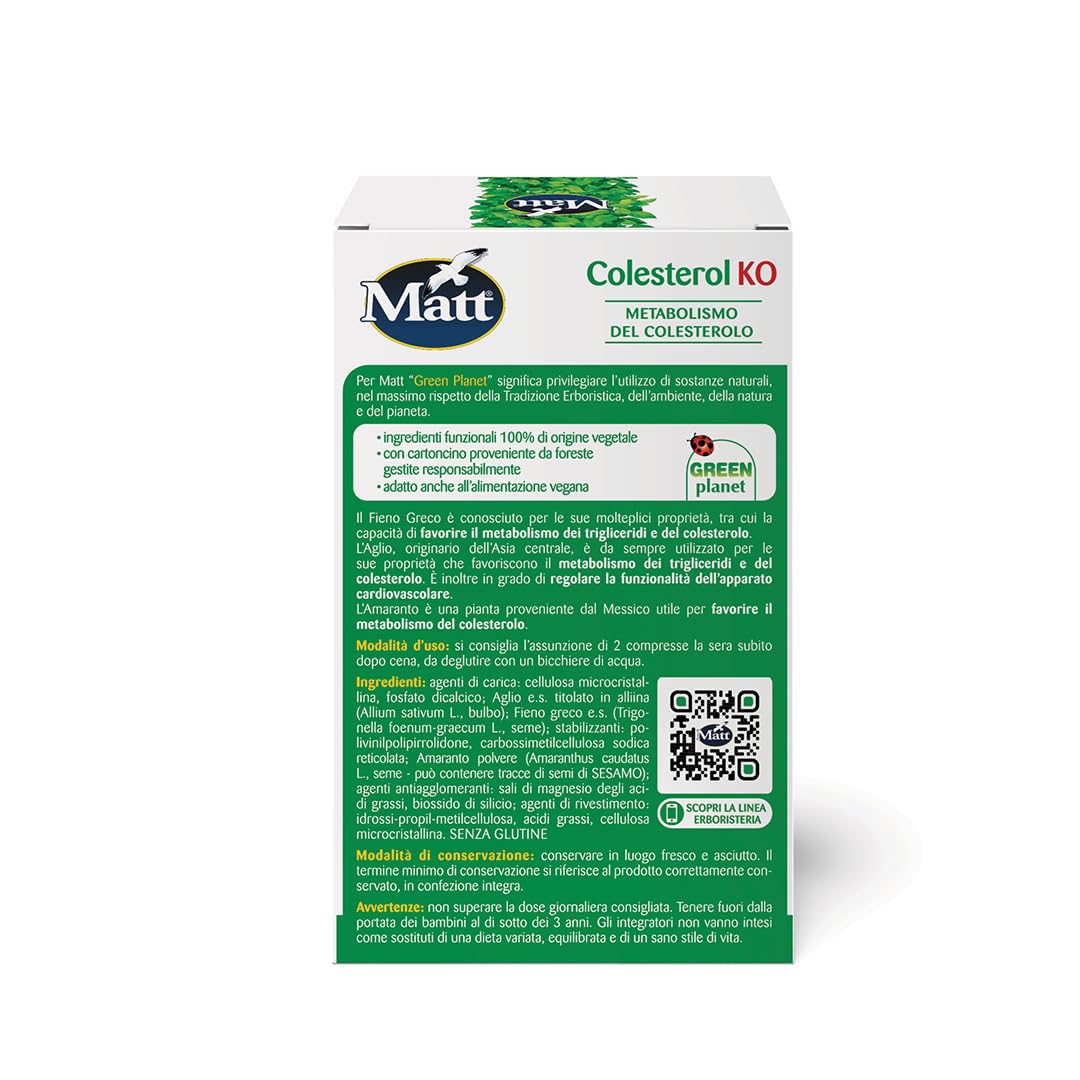 Matt, Colesterol KO, Integratore Alimentare a Base di Fieno Greco, Amaranto e Aglio, Favorisce il Metabolismo del Colesterolo e dei Trigliceridi, Confezione da 30 Compresse - 15 Dosi