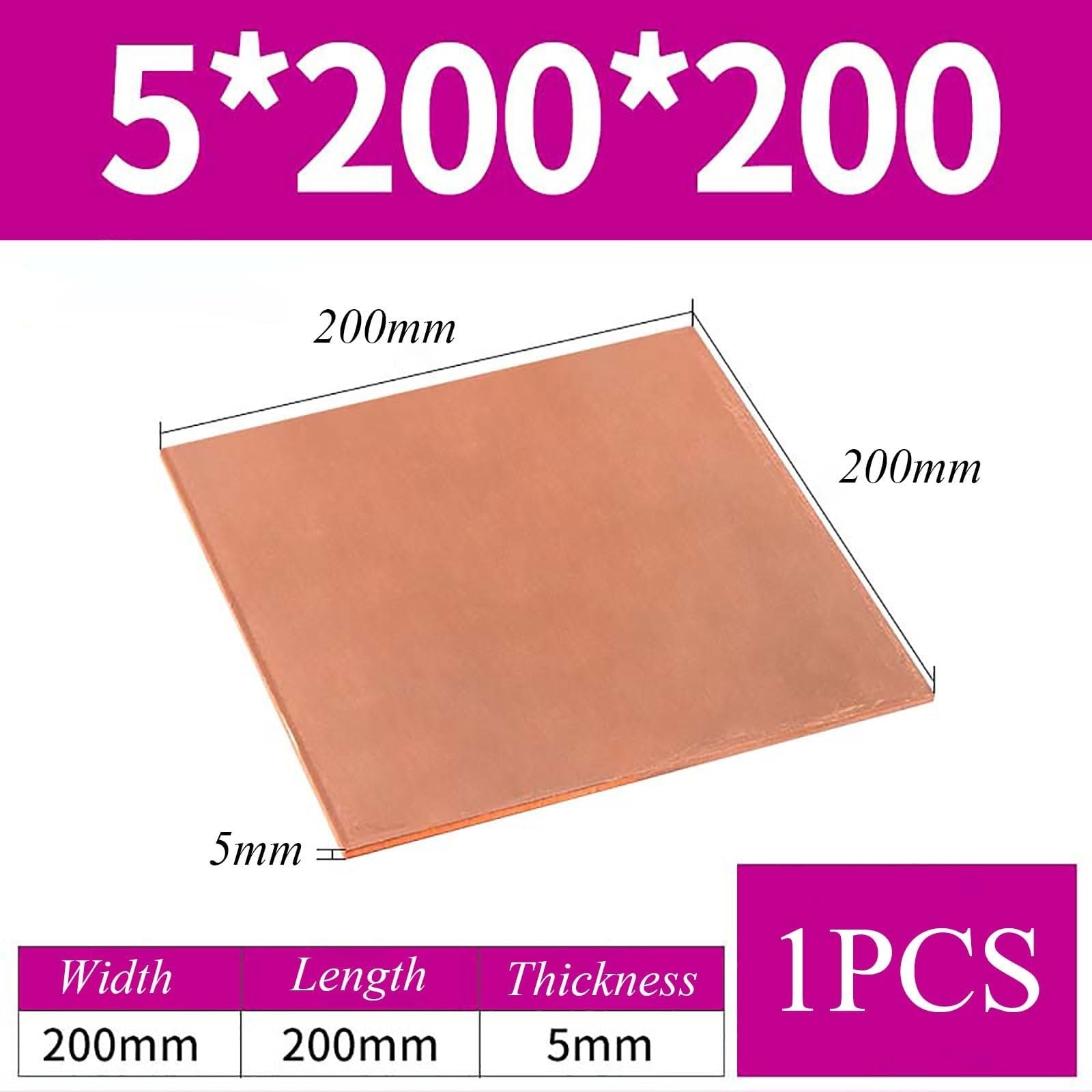 Blacha z czystej miedzi, grubość 5 mm, blacha miedziana do rzemiosła, biżuterii, napraw, elektryki, przemysłu, 5 * 200 * 200 mm