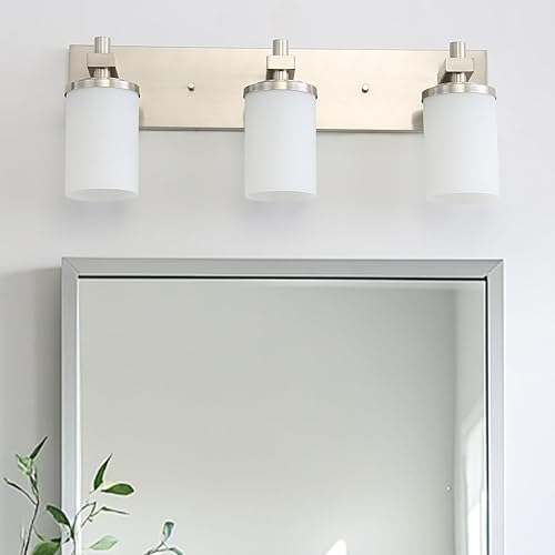Miniatura 9 de LOUSACE Lámparas de baño sobre espejo de níquel cepillado, 6 luces de tocador de baño con pantallas de vidrio blanco ópalo, apliques de pared