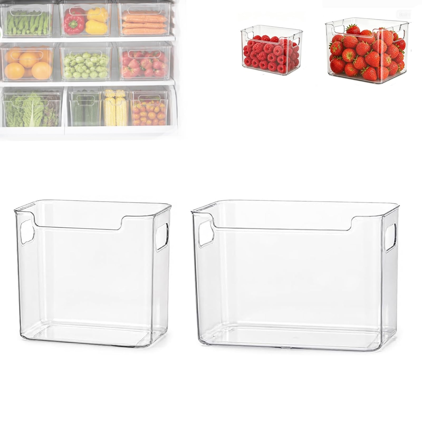 QTVKMAS Crystal Clear Freezer Storage Bins, Stackable Kitchen Cabinet Organizer With Handles For Refrigerator Pantry Frozen Food Meat And Veggies(Small+large-2pcs)