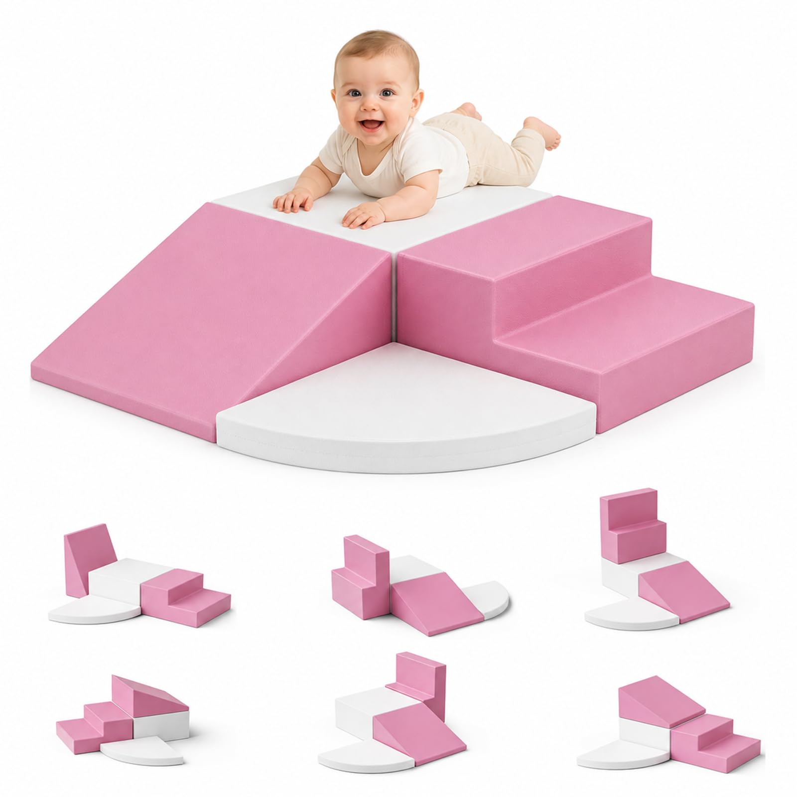 Lot de 4 blocs de construction en mousse pour enfants, grands blocs de construction souples pour grimper, ramper et jouer, escalader bébé à l'intérieur, antidérapants et stables (rose et blanc