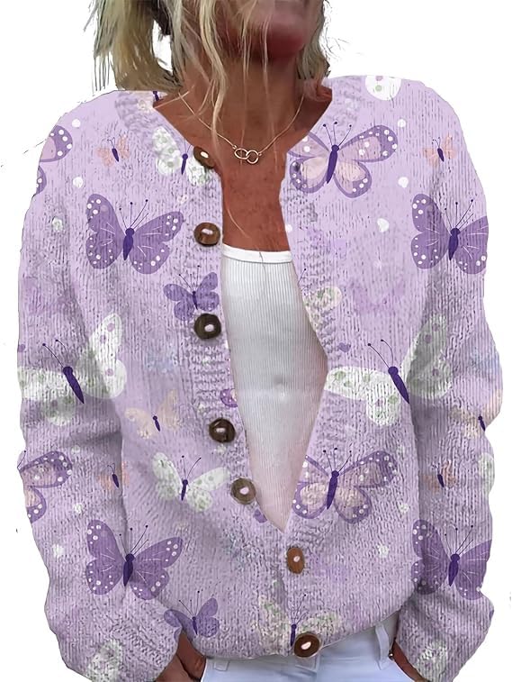 Womens Button Down Knit Cardigan Sweater Long Sleeve Lightweight Casual Layering Top with Floral Animal or Patterned Print